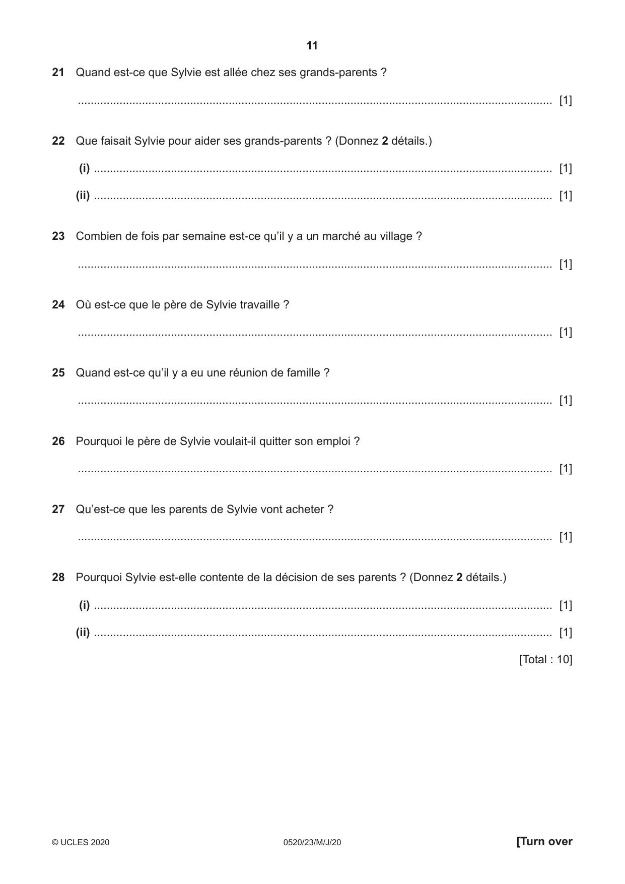 Cambridge IGCSE French - Foreign Language 0520 2020 May/June Paper 2 · Variant 3 question paper, page 11 of 16