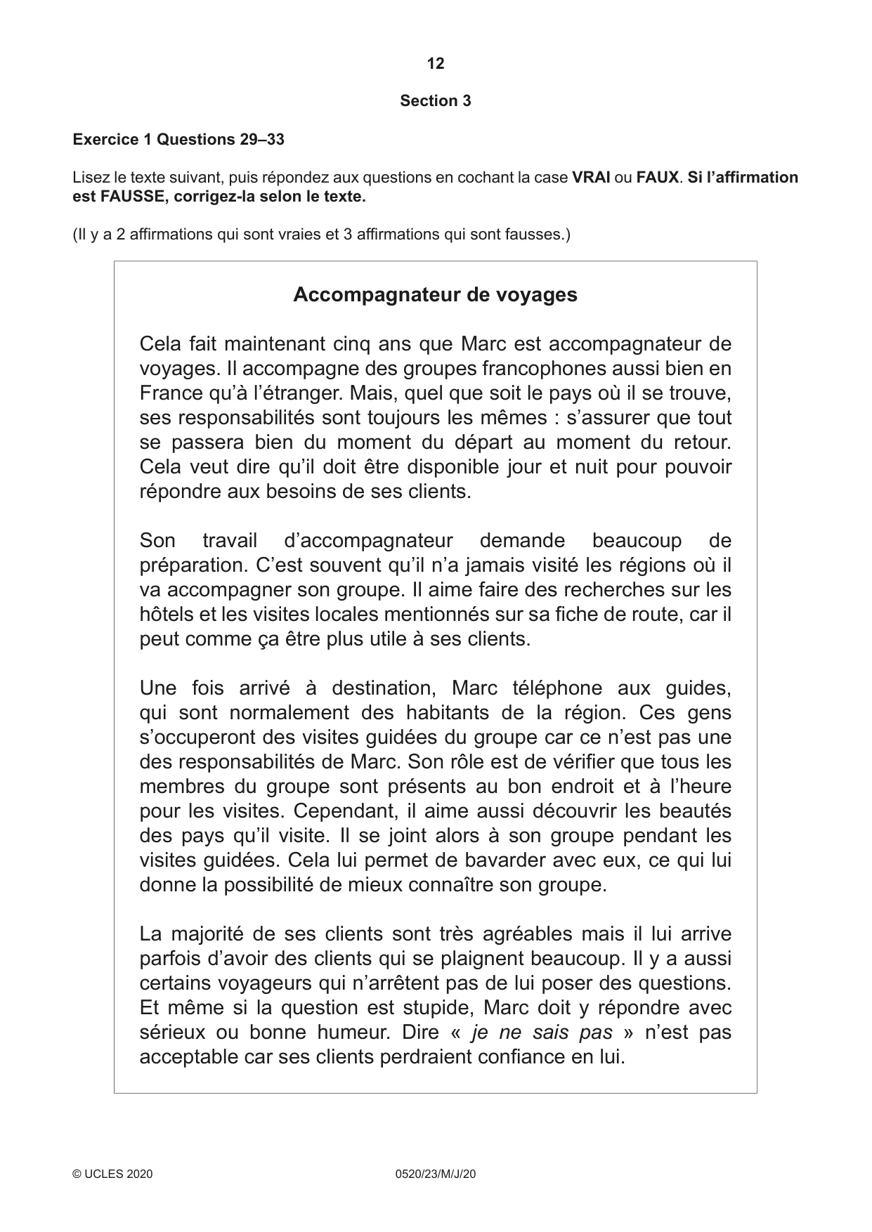 Cambridge IGCSE French - Foreign Language 0520 2020 May/June Paper 2 · Variant 3 question paper, page 12 of 16