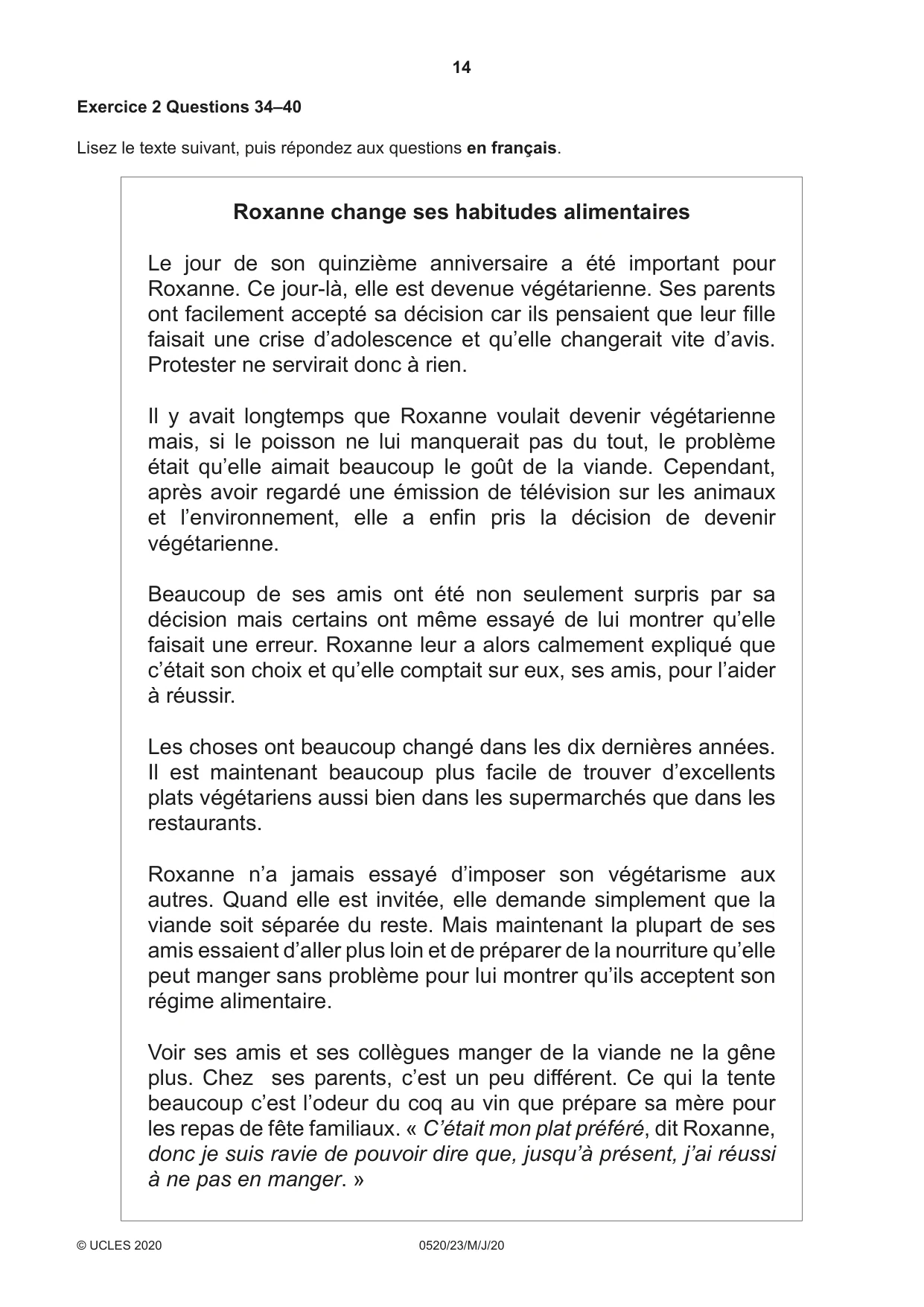 Cambridge IGCSE French - Foreign Language 0520 2020 May/June Paper 2 · Variant 3 question paper, page 14 of 16