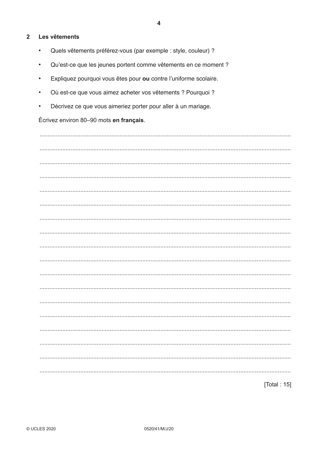 Cambridge IGCSE French - Foreign Language 0520 2020 May/June Paper 4 · Variant 1 question paper, page 4 of 8