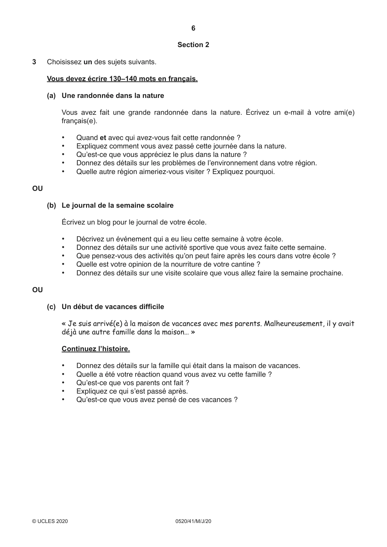 Cambridge IGCSE French - Foreign Language 0520 2020 May/June Paper 4 · Variant 1 question paper, page 6 of 8