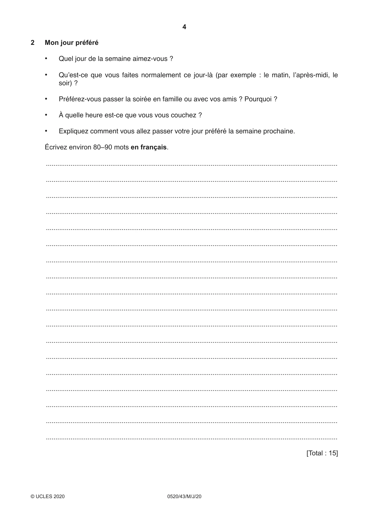 Cambridge IGCSE French - Foreign Language 0520 2020 May/June Paper 4 · Variant 3 question paper, page 4 of 8