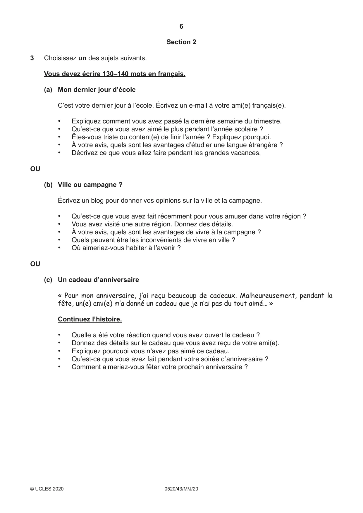 Cambridge IGCSE French - Foreign Language 0520 2020 May/June Paper 4 · Variant 3 question paper, page 6 of 8