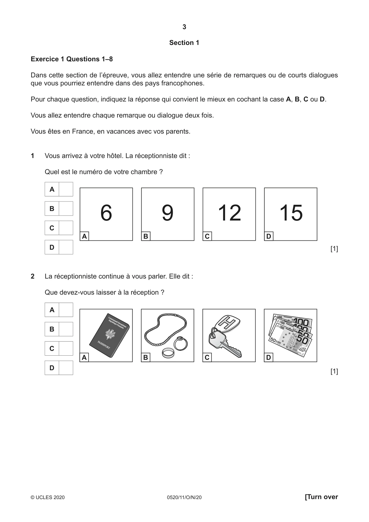 Cambridge IGCSE French - Foreign Language 0520 2020 Oct/Nov Paper 1 · Variant 1 question paper, page 3 of 12