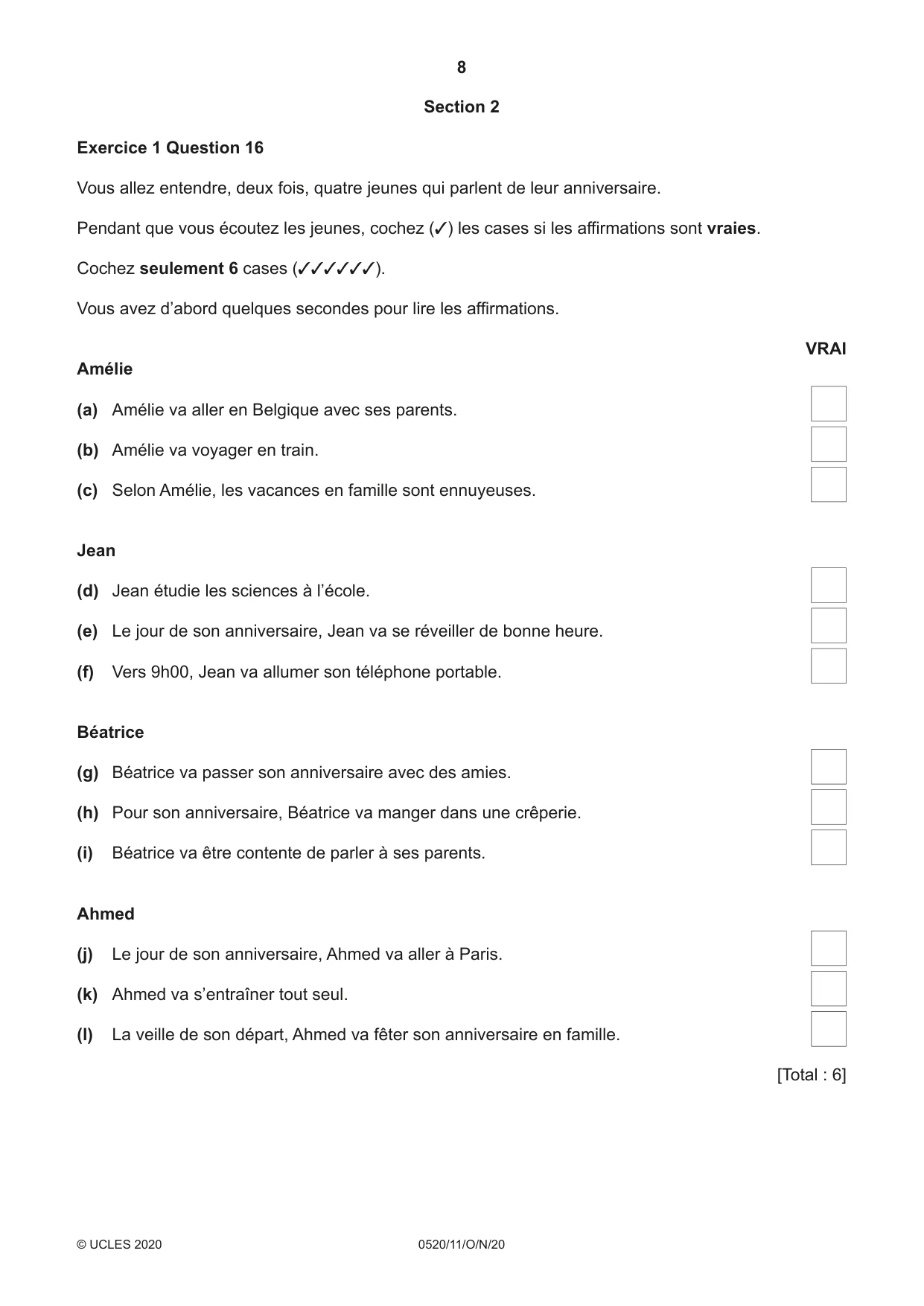 Cambridge IGCSE French - Foreign Language 0520 2020 Oct/Nov Paper 1 · Variant 1 question paper, page 8 of 12