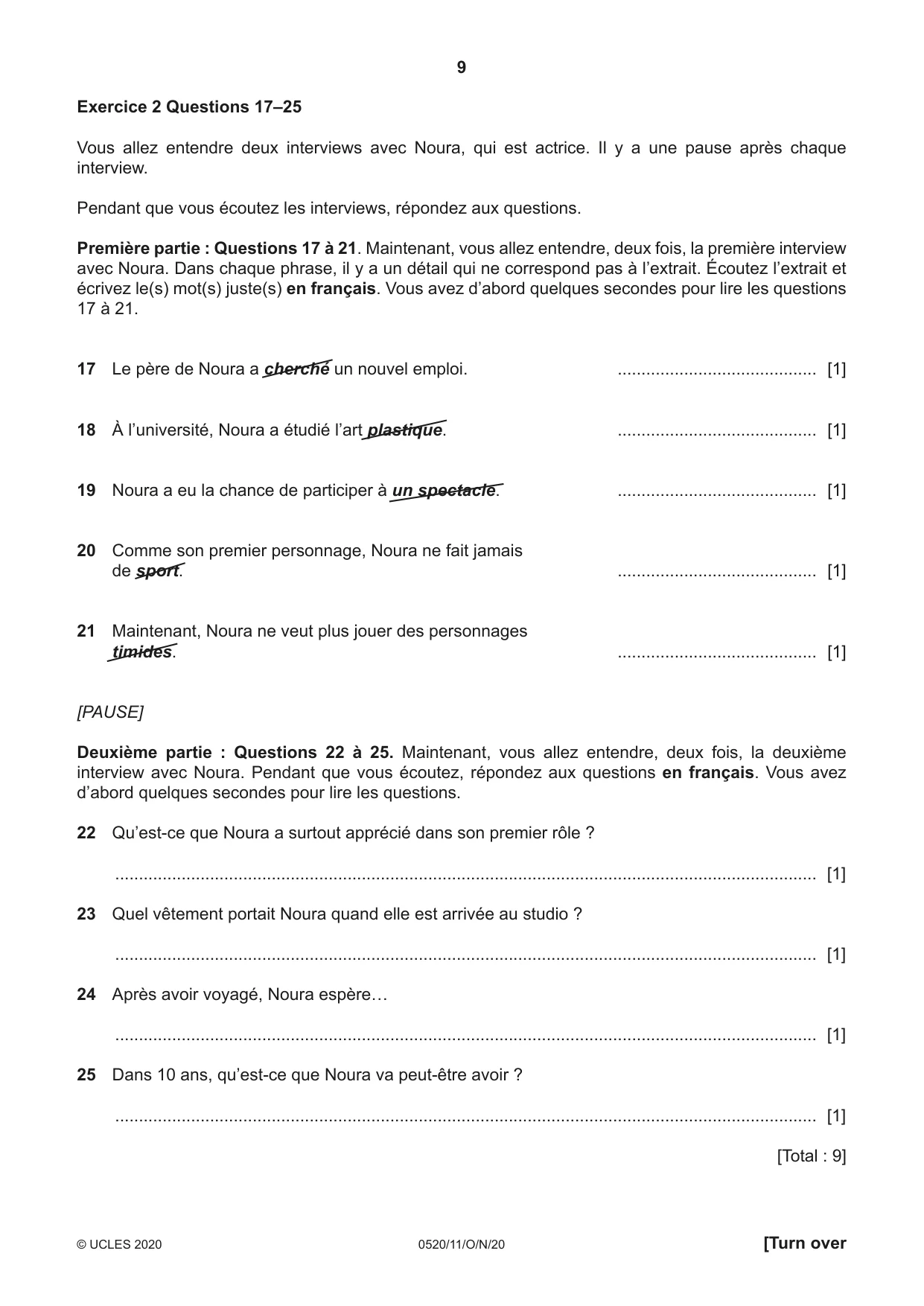 Cambridge IGCSE French - Foreign Language 0520 2020 Oct/Nov Paper 1 · Variant 1 question paper, page 9 of 12