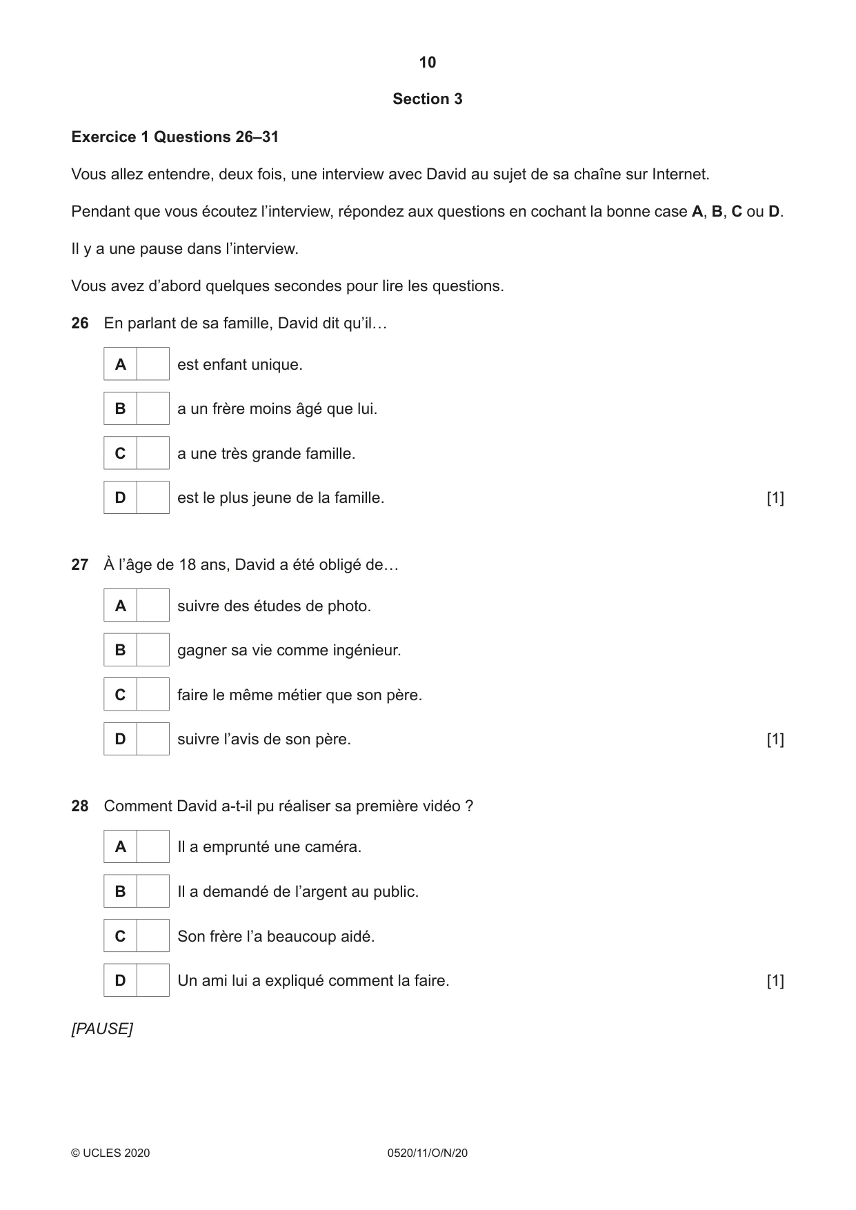 Cambridge IGCSE French - Foreign Language 0520 2020 Oct/Nov Paper 1 · Variant 1 question paper, page 10 of 12