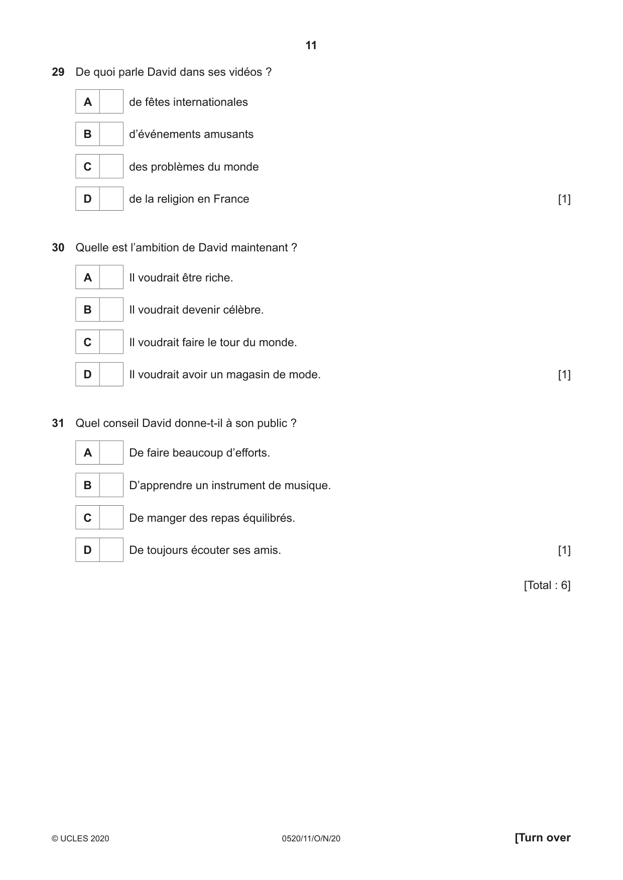 Cambridge IGCSE French - Foreign Language 0520 2020 Oct/Nov Paper 1 · Variant 1 question paper, page 11 of 12