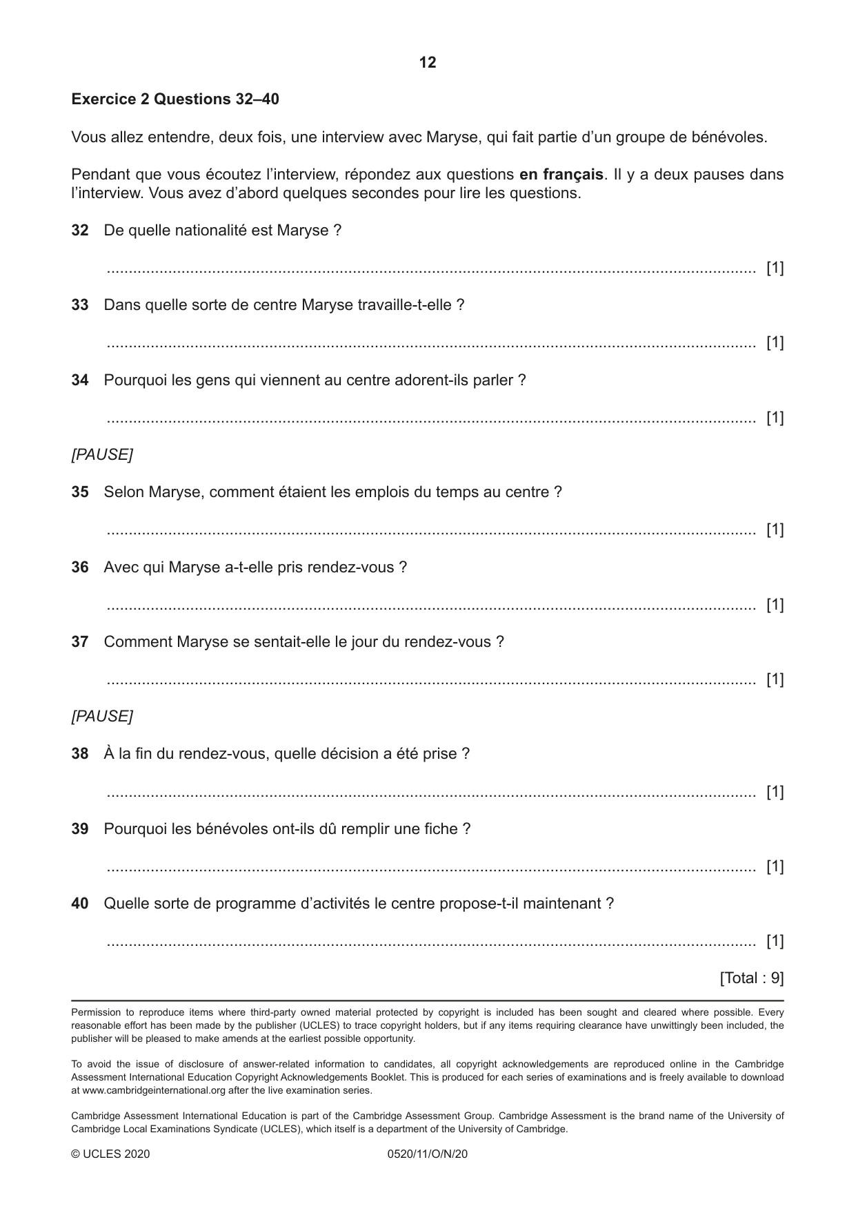 Cambridge IGCSE French - Foreign Language 0520 2020 Oct/Nov Paper 1 · Variant 1 question paper, page 12 of 12