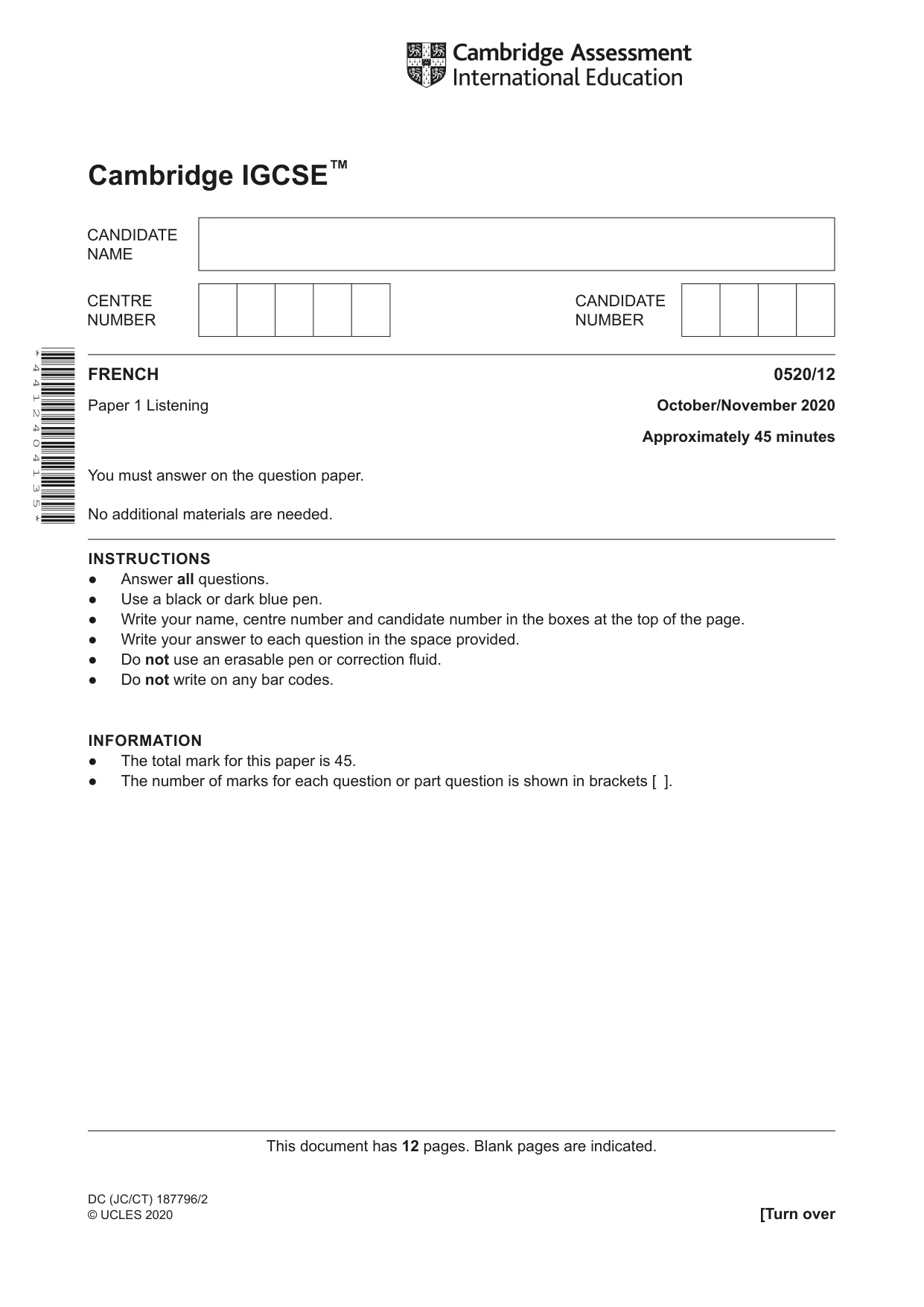 Cambridge IGCSE French - Foreign Language 0520 2020 Oct/Nov Paper 1 · Variant 2 question paper, page 1 of 12