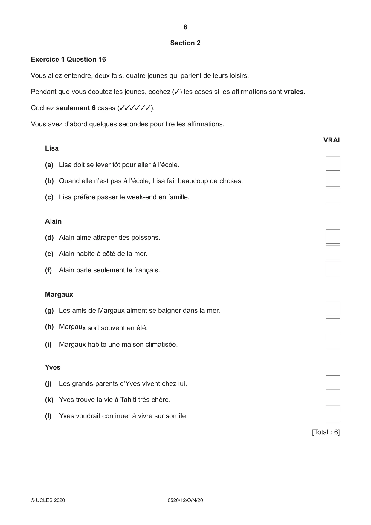 Cambridge IGCSE French - Foreign Language 0520 2020 Oct/Nov Paper 1 · Variant 2 question paper, page 8 of 12