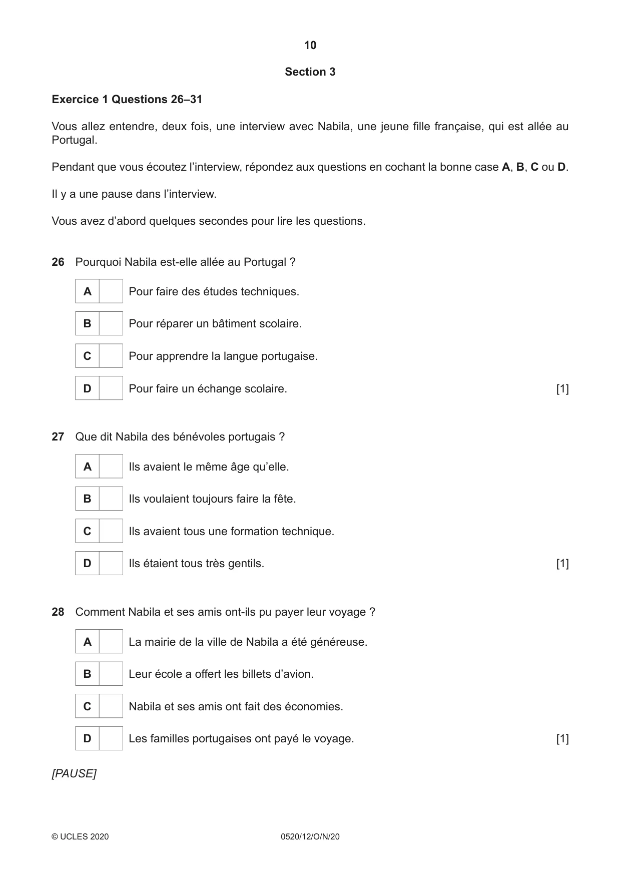 Cambridge IGCSE French - Foreign Language 0520 2020 Oct/Nov Paper 1 · Variant 2 question paper, page 10 of 12