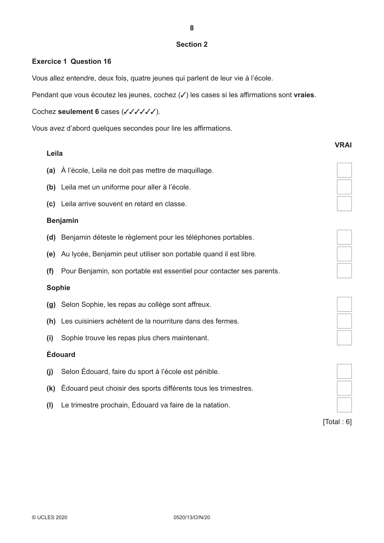 Cambridge IGCSE French - Foreign Language 0520 2020 Oct/Nov Paper 1 · Variant 3 question paper, page 8 of 12