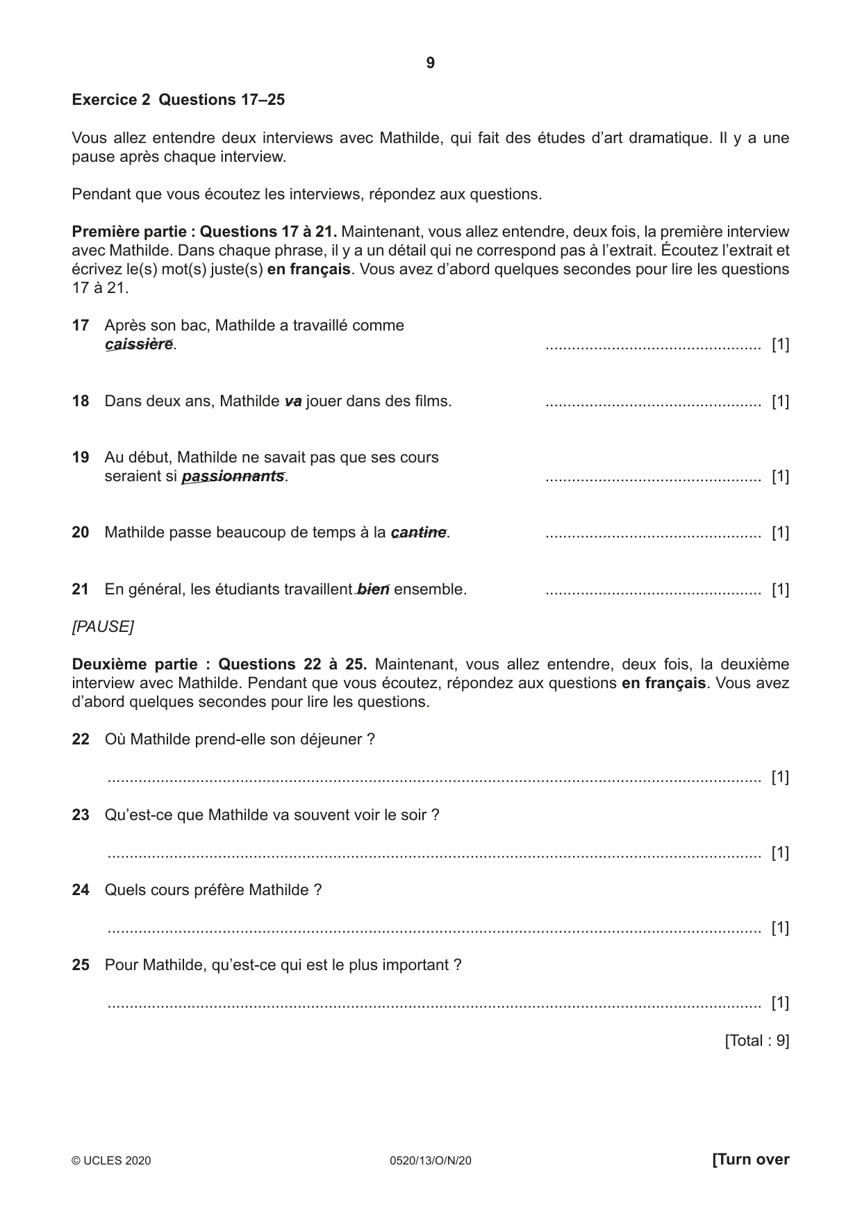 Cambridge IGCSE French - Foreign Language 0520 2020 Oct/Nov Paper 1 · Variant 3 question paper, page 9 of 12