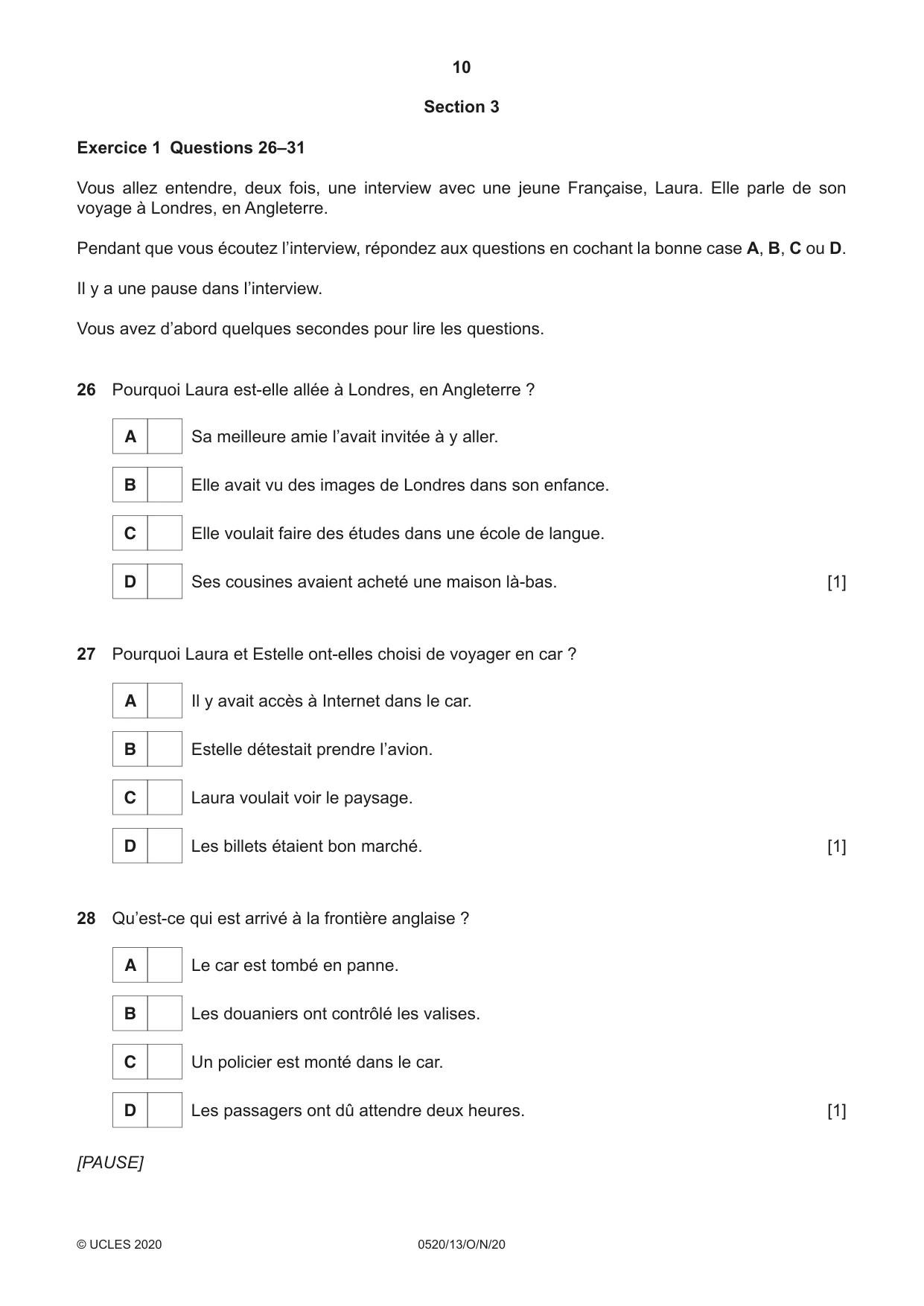 Cambridge IGCSE French - Foreign Language 0520 2020 Oct/Nov Paper 1 · Variant 3 question paper, page 10 of 12