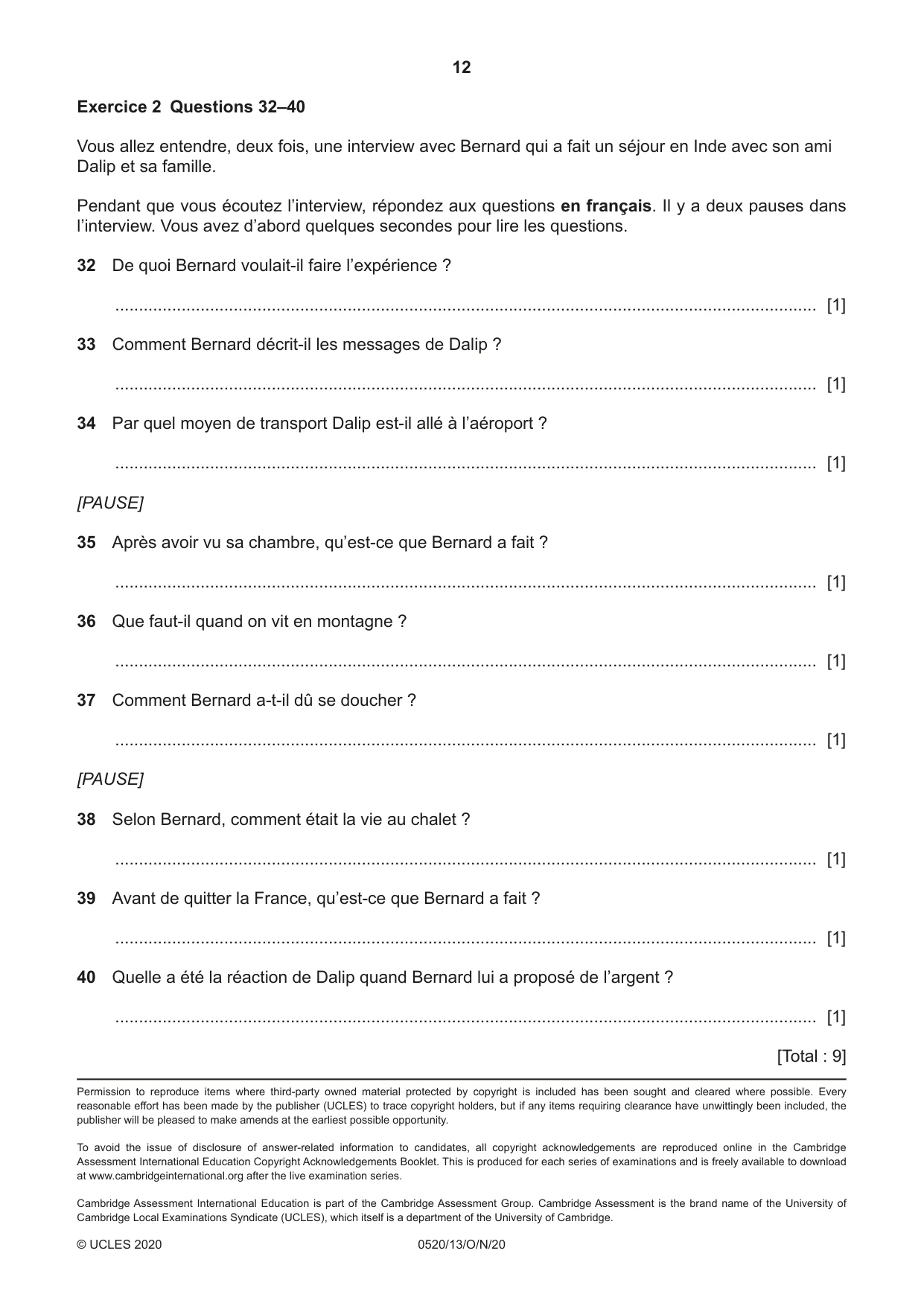 Cambridge IGCSE French - Foreign Language 0520 2020 Oct/Nov Paper 1 · Variant 3 question paper, page 12 of 12