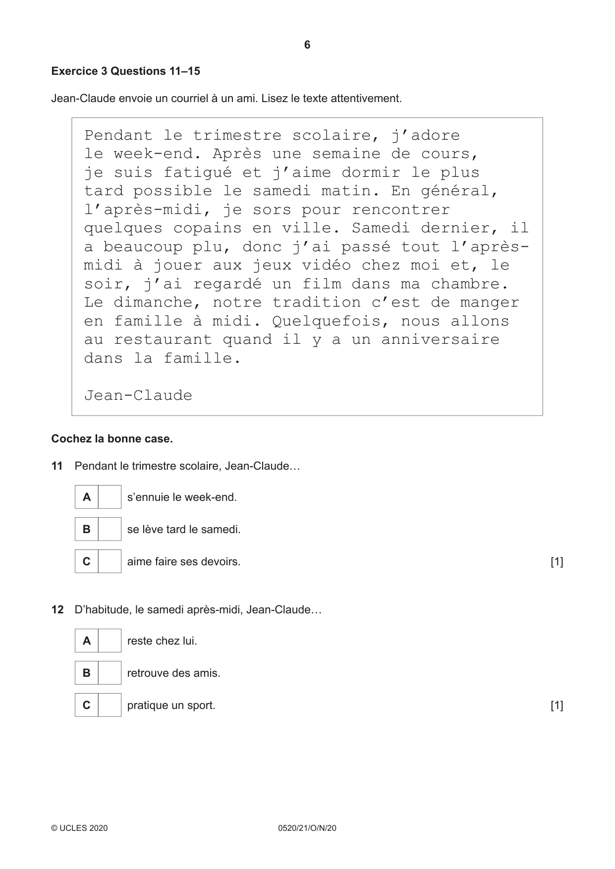 Cambridge IGCSE French - Foreign Language 0520 2020 Oct/Nov Paper 2 · Variant 1 question paper, page 6 of 16