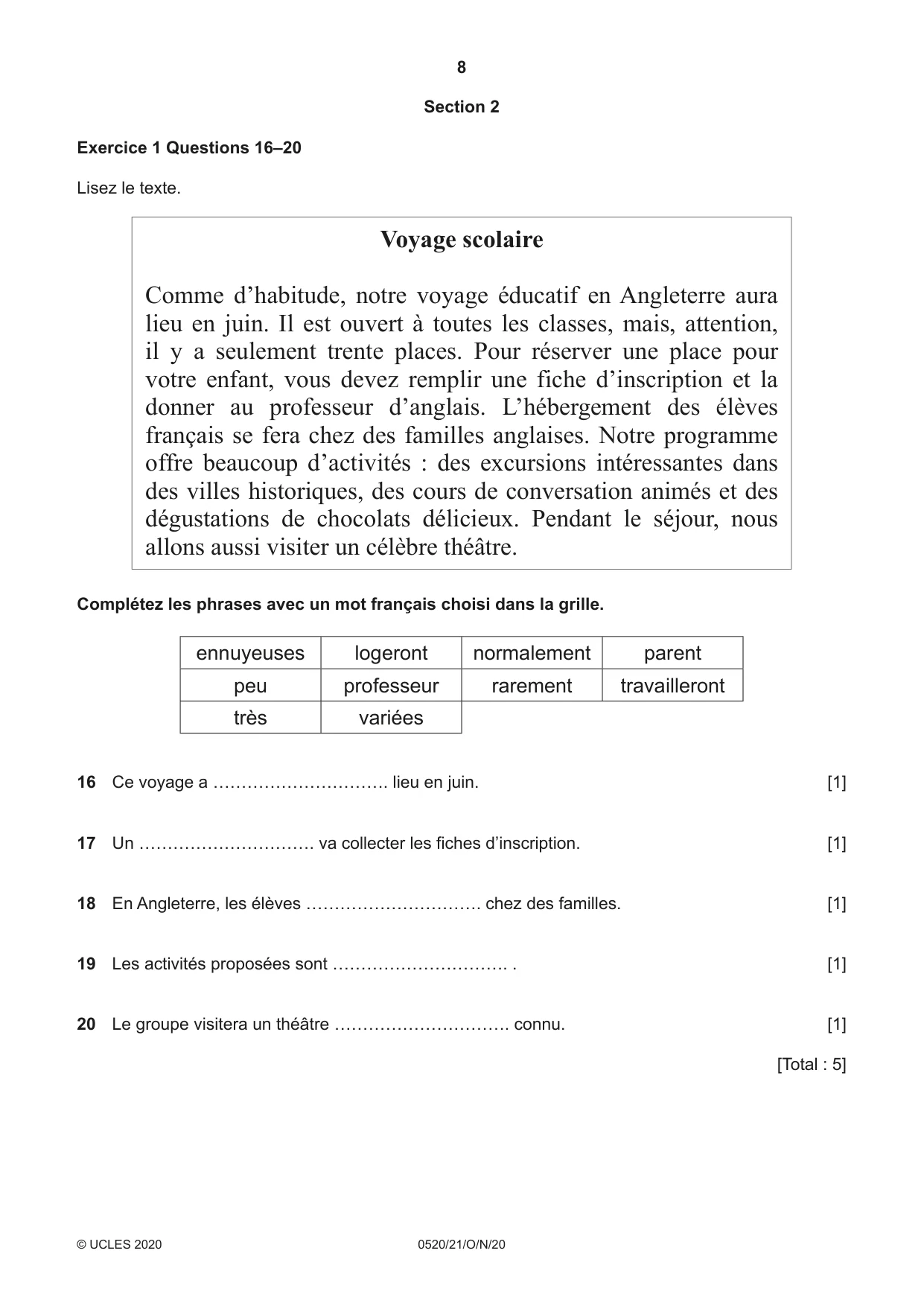 Cambridge IGCSE French - Foreign Language 0520 2020 Oct/Nov Paper 2 · Variant 1 question paper, page 8 of 16