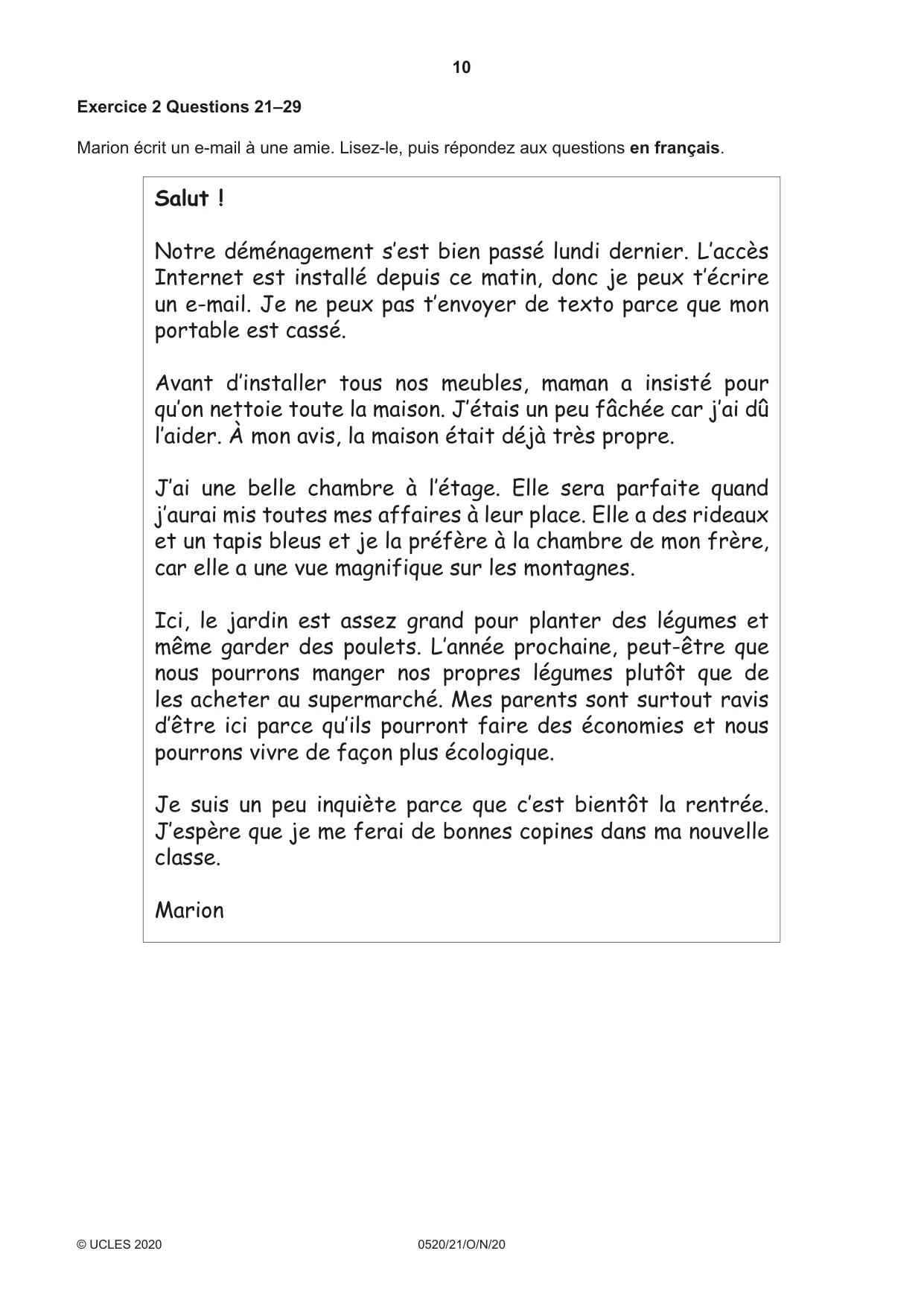 Cambridge IGCSE French - Foreign Language 0520 2020 Oct/Nov Paper 2 · Variant 1 question paper, page 10 of 16