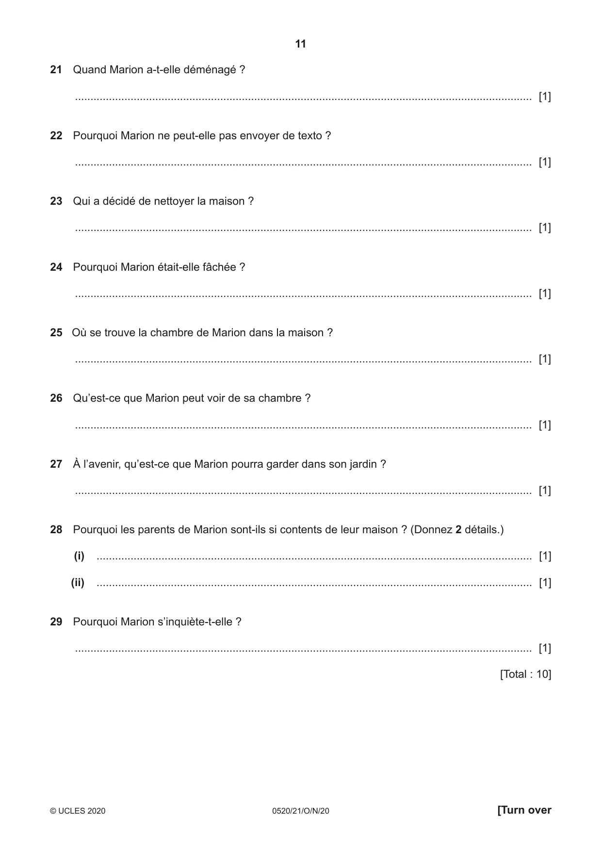 Cambridge IGCSE French - Foreign Language 0520 2020 Oct/Nov Paper 2 · Variant 1 question paper, page 11 of 16