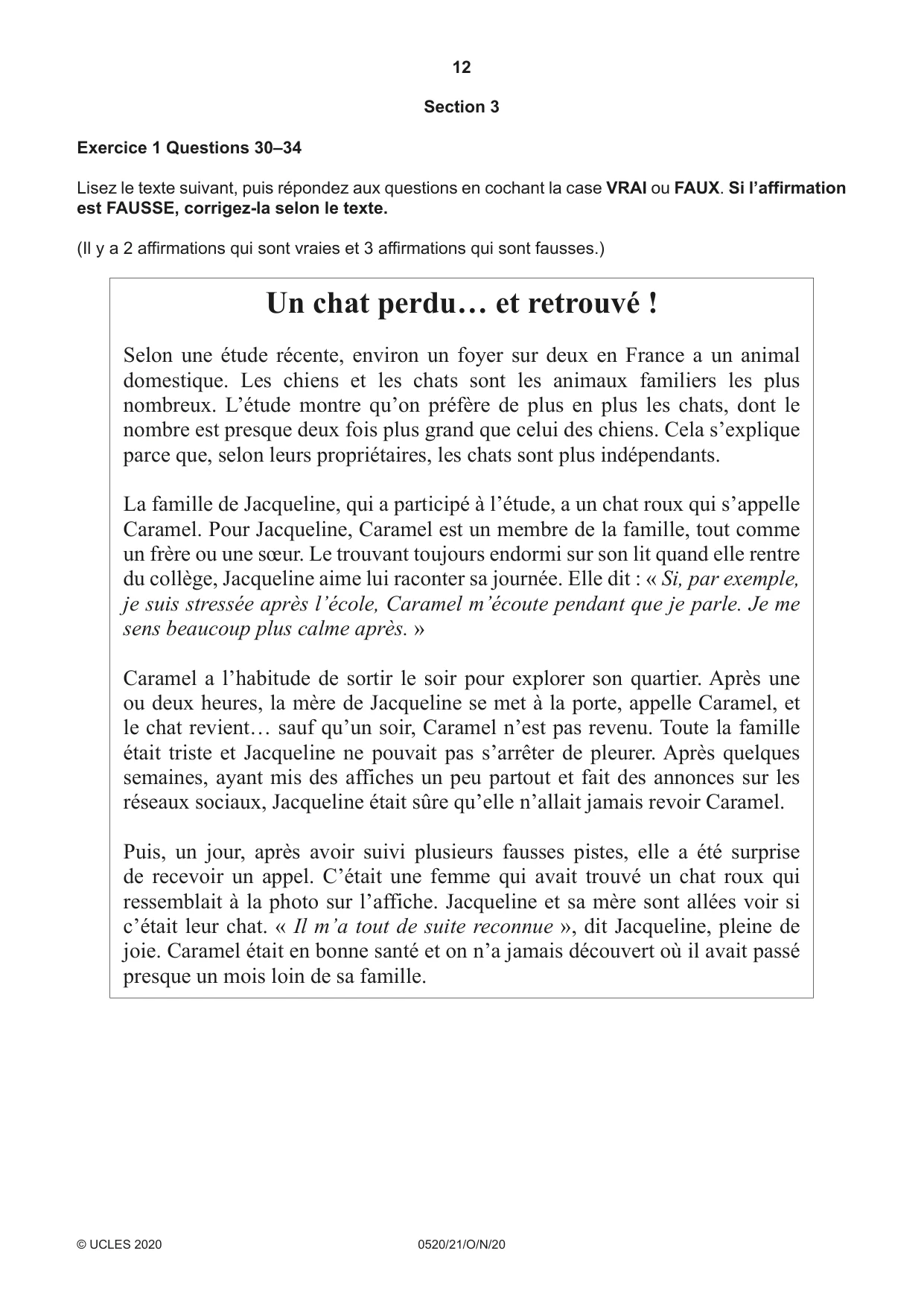 Cambridge IGCSE French - Foreign Language 0520 2020 Oct/Nov Paper 2 · Variant 1 question paper, page 12 of 16