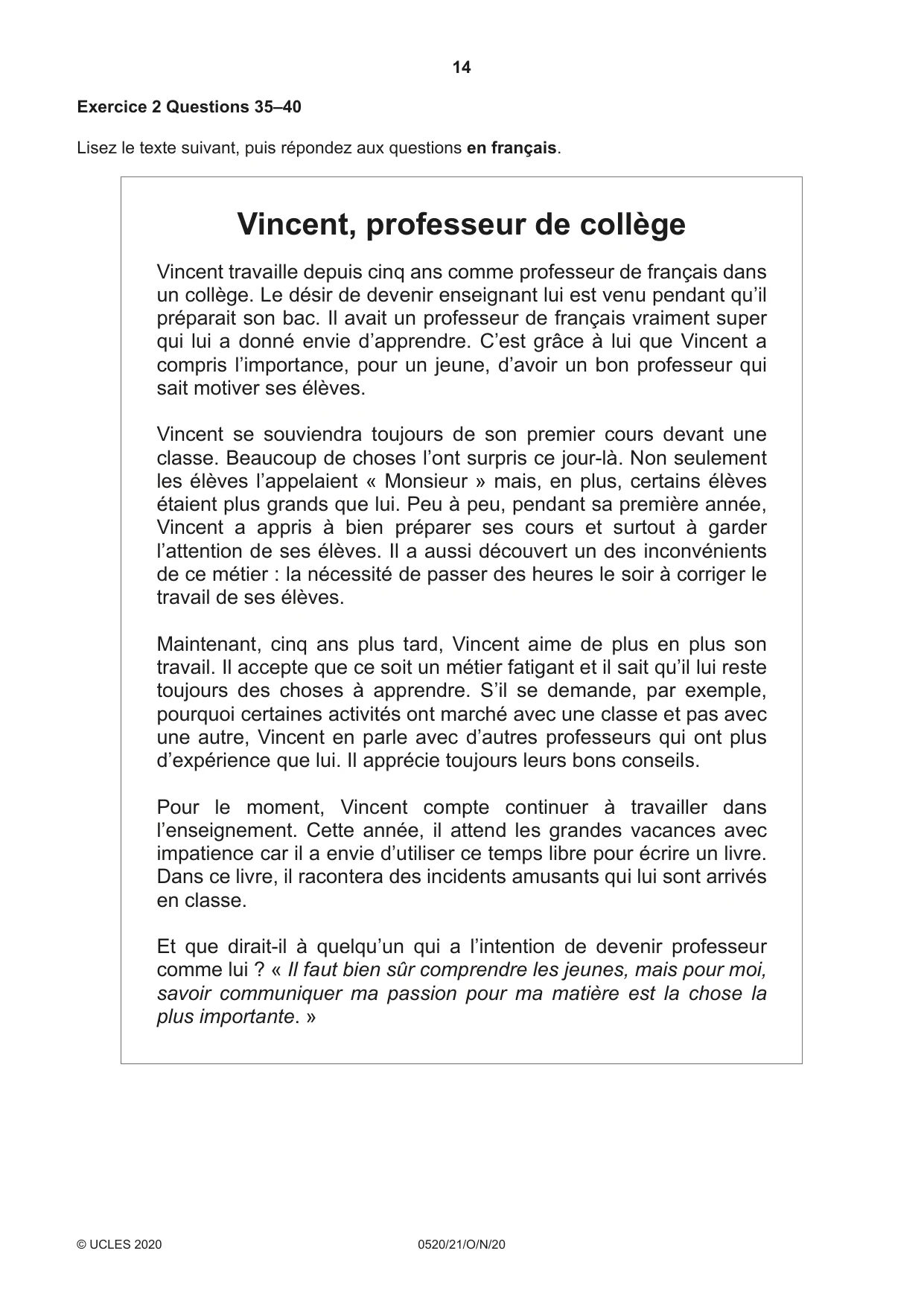 Cambridge IGCSE French - Foreign Language 0520 2020 Oct/Nov Paper 2 · Variant 1 question paper, page 14 of 16