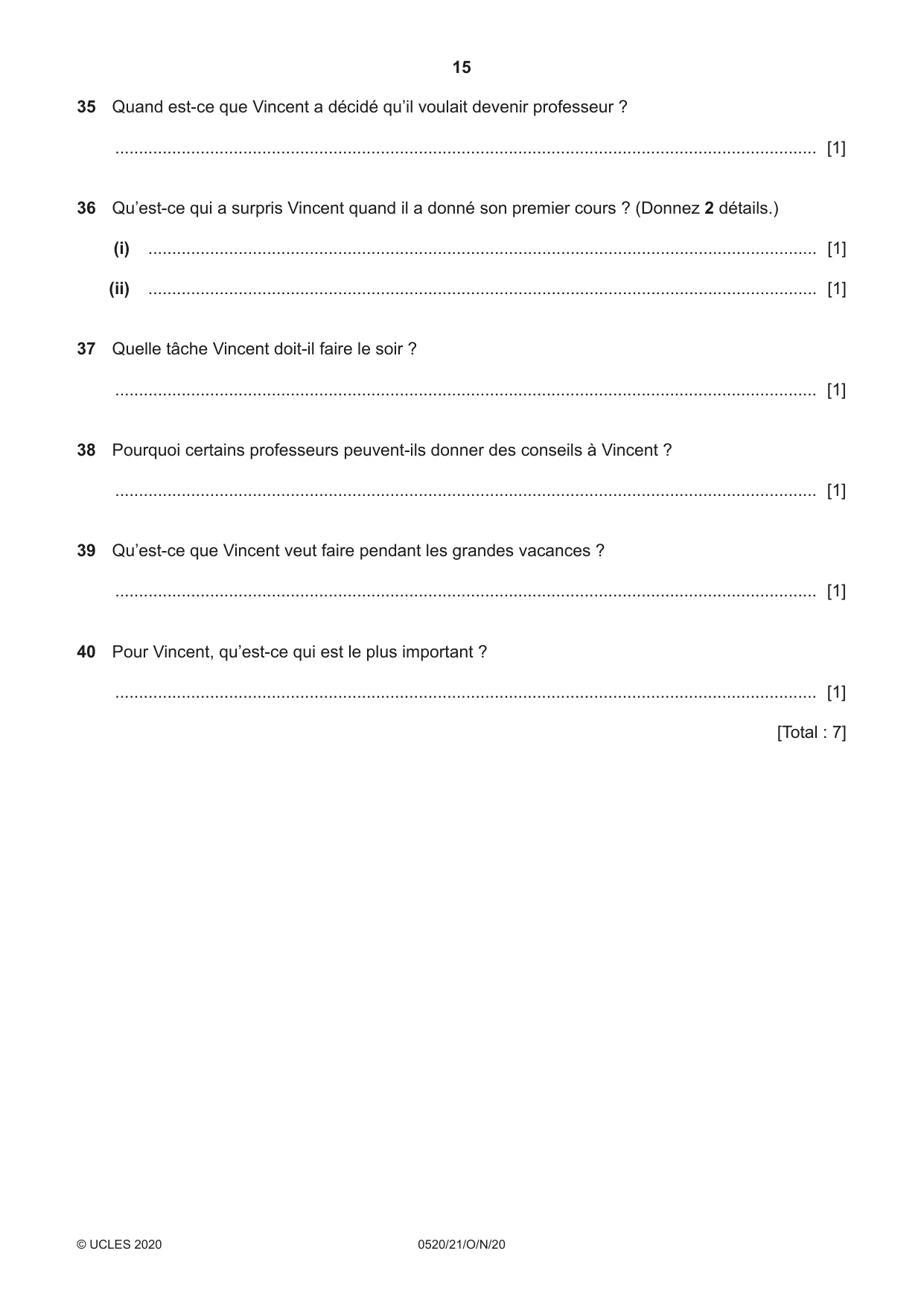 Cambridge IGCSE French - Foreign Language 0520 2020 Oct/Nov Paper 2 · Variant 1 question paper, page 15 of 16