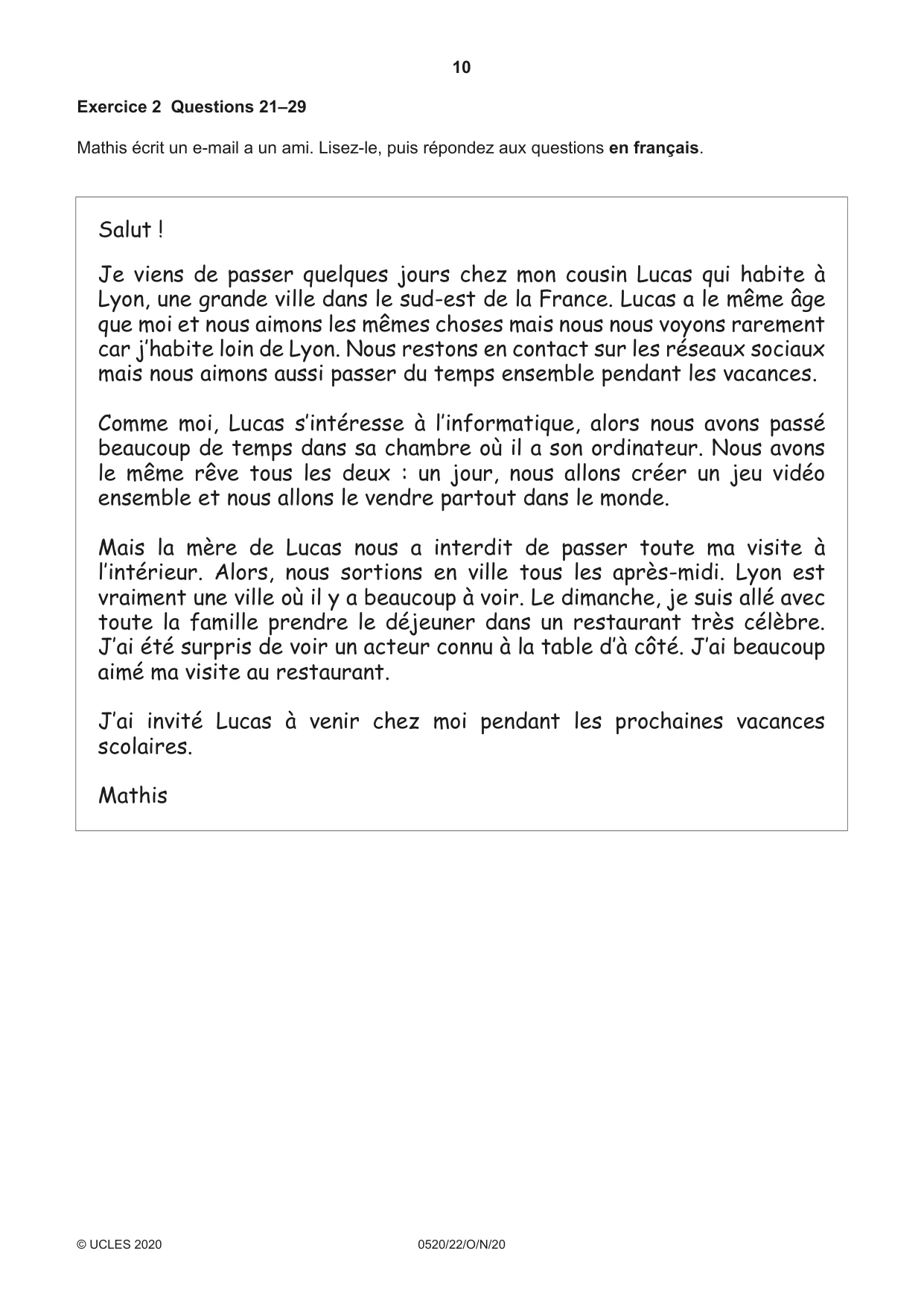 Cambridge IGCSE French - Foreign Language 0520 2020 Oct/Nov Paper 2 · Variant 2 question paper, page 10 of 16