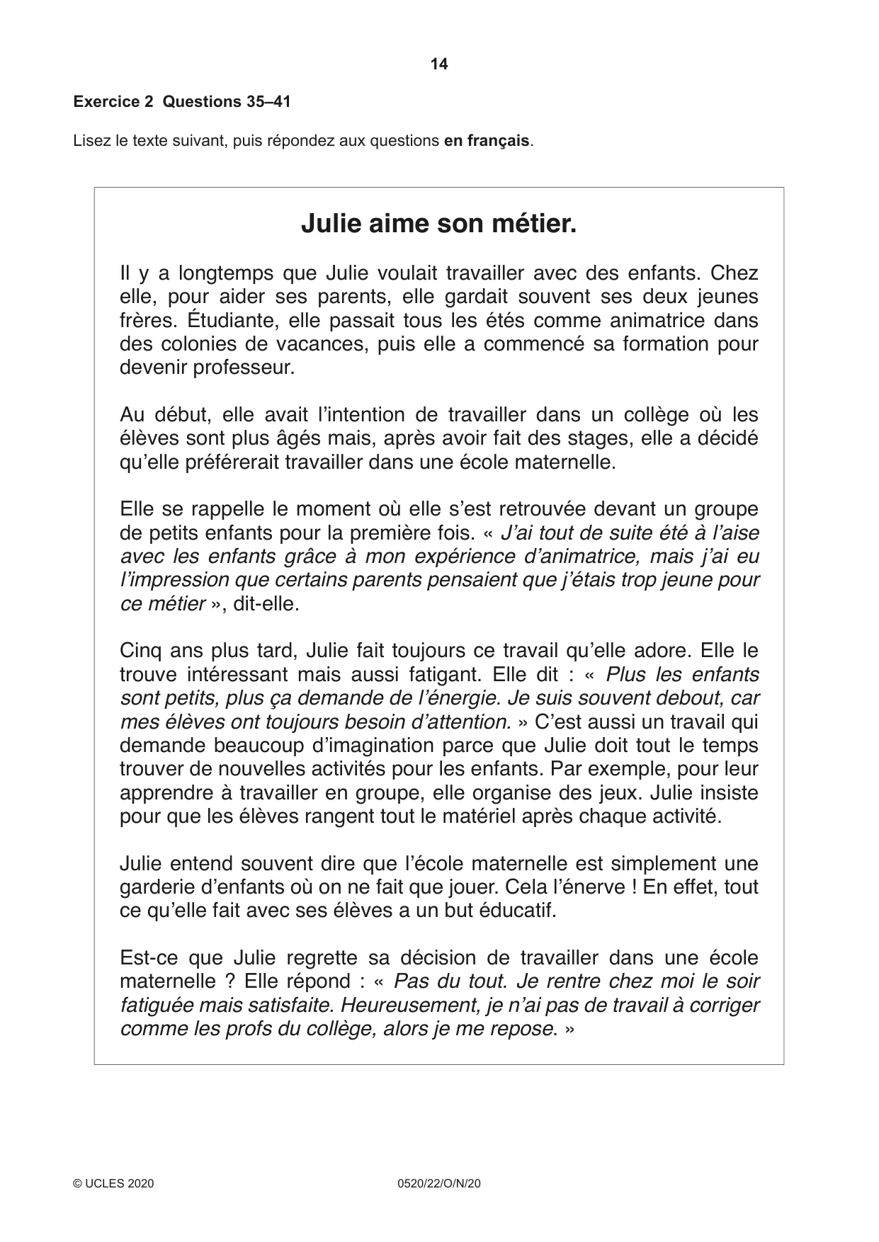 Cambridge IGCSE French - Foreign Language 0520 2020 Oct/Nov Paper 2 · Variant 2 question paper, page 14 of 16