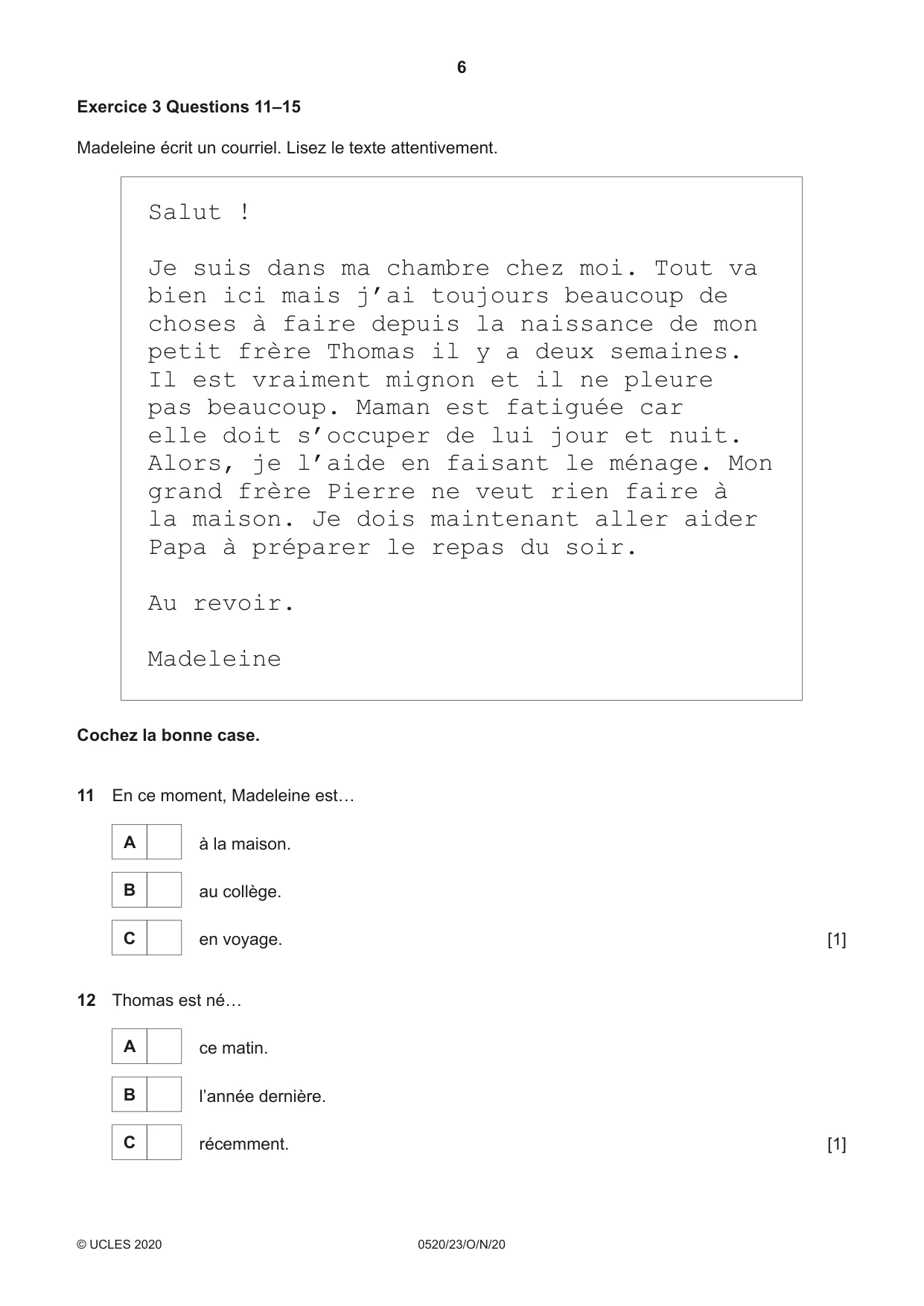 Cambridge IGCSE French - Foreign Language 0520 2020 Oct/Nov Paper 2 · Variant 3 question paper, page 6 of 16