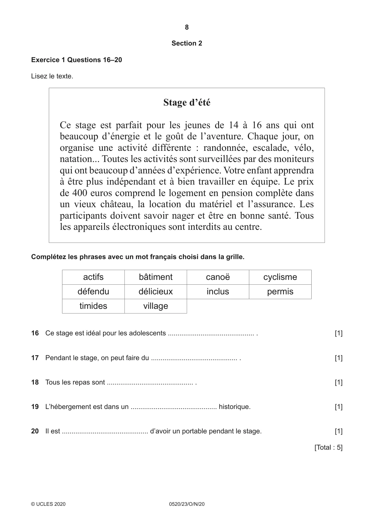 Cambridge IGCSE French - Foreign Language 0520 2020 Oct/Nov Paper 2 · Variant 3 question paper, page 8 of 16