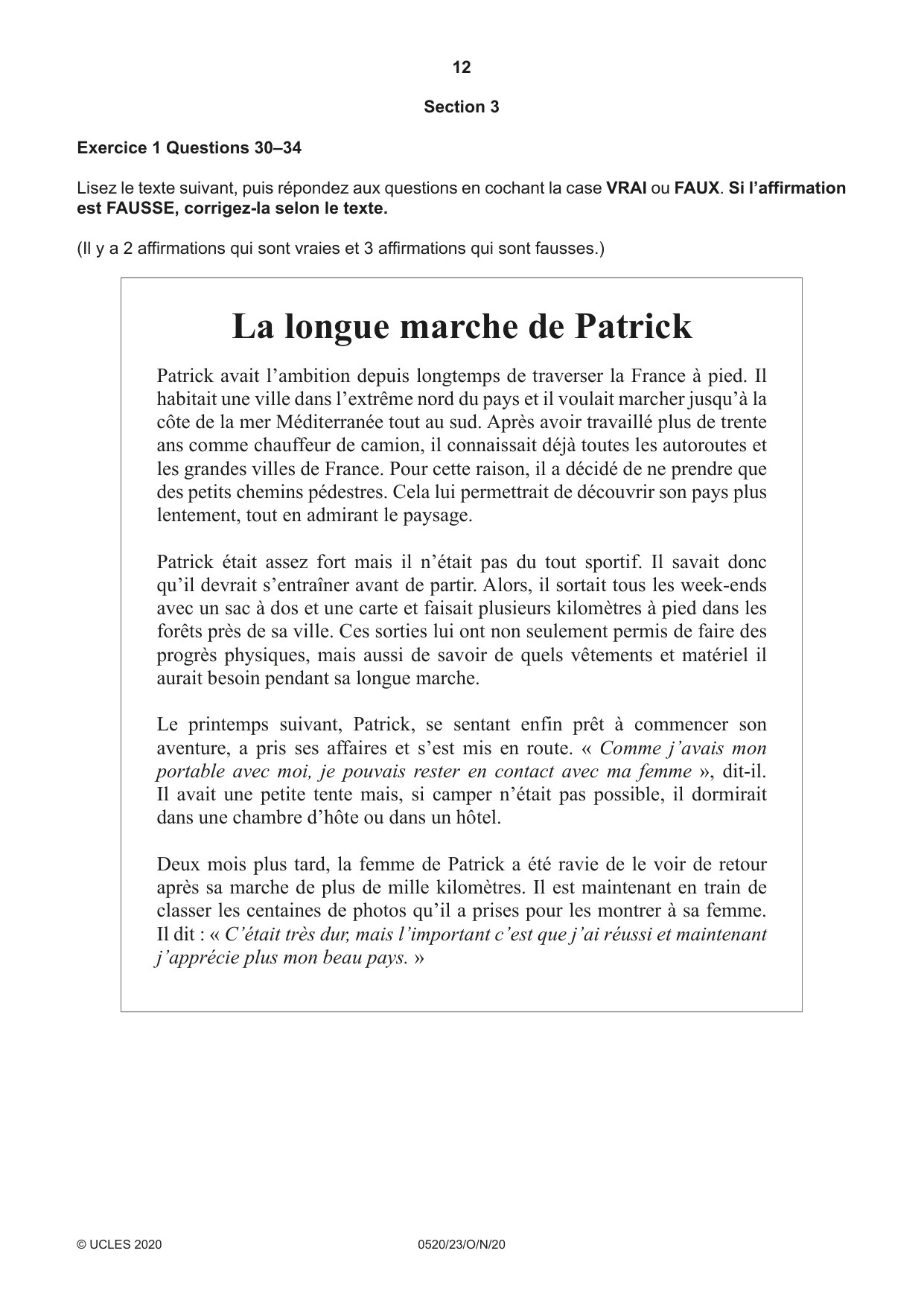 Cambridge IGCSE French - Foreign Language 0520 2020 Oct/Nov Paper 2 · Variant 3 question paper, page 12 of 16