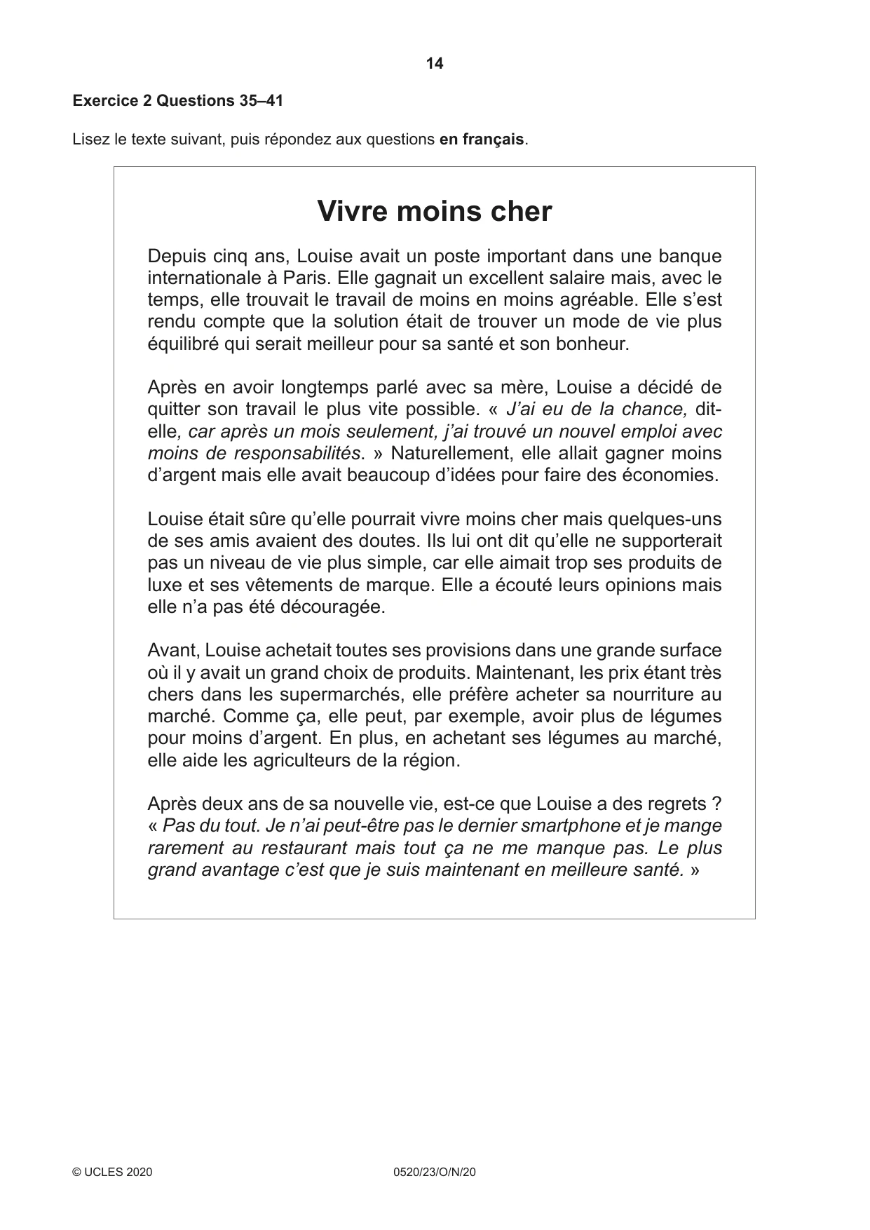 Cambridge IGCSE French - Foreign Language 0520 2020 Oct/Nov Paper 2 · Variant 3 question paper, page 14 of 16