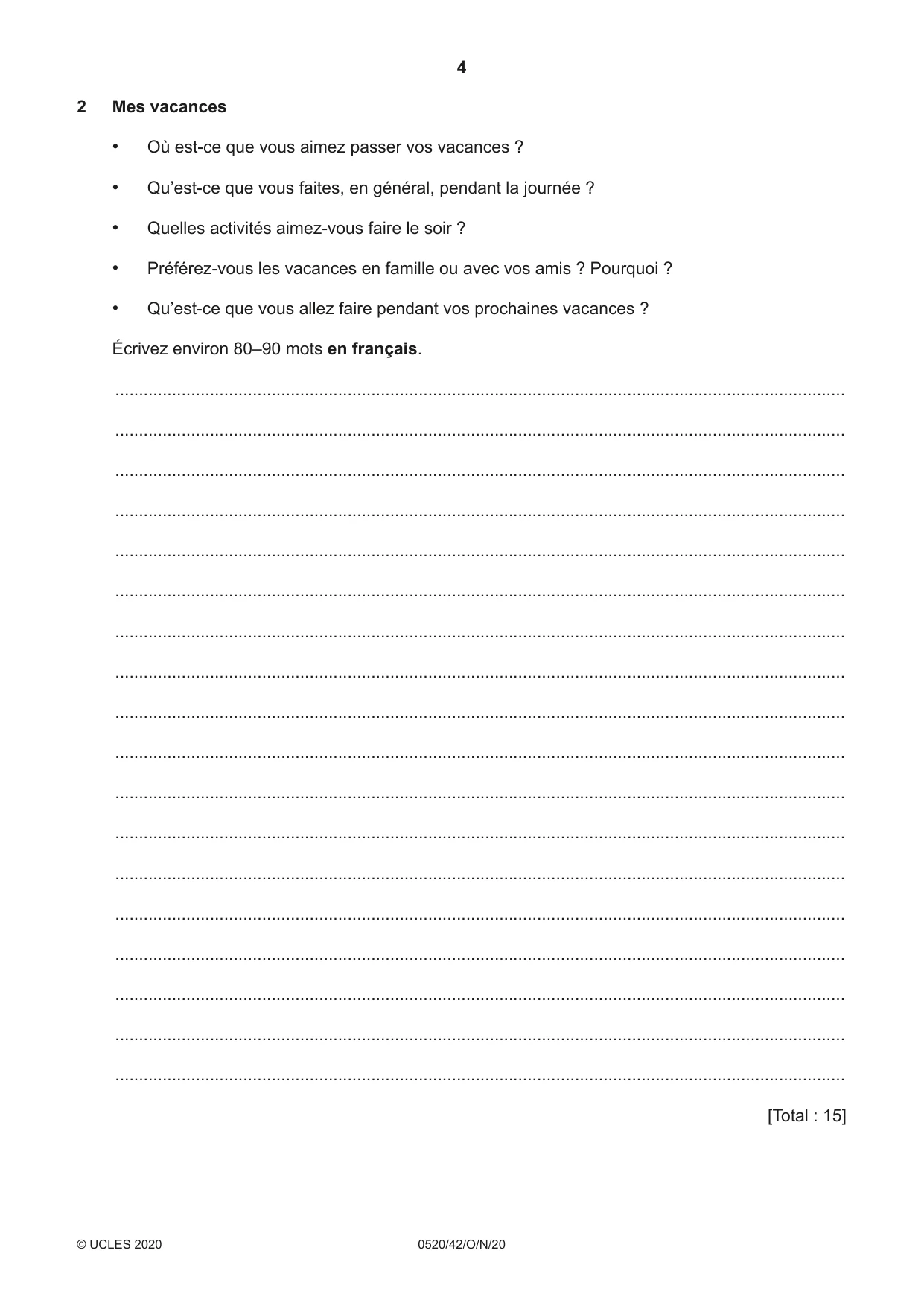Cambridge IGCSE French - Foreign Language 0520 2020 Oct/Nov Paper 4 · Variant 2 question paper, page 4 of 8