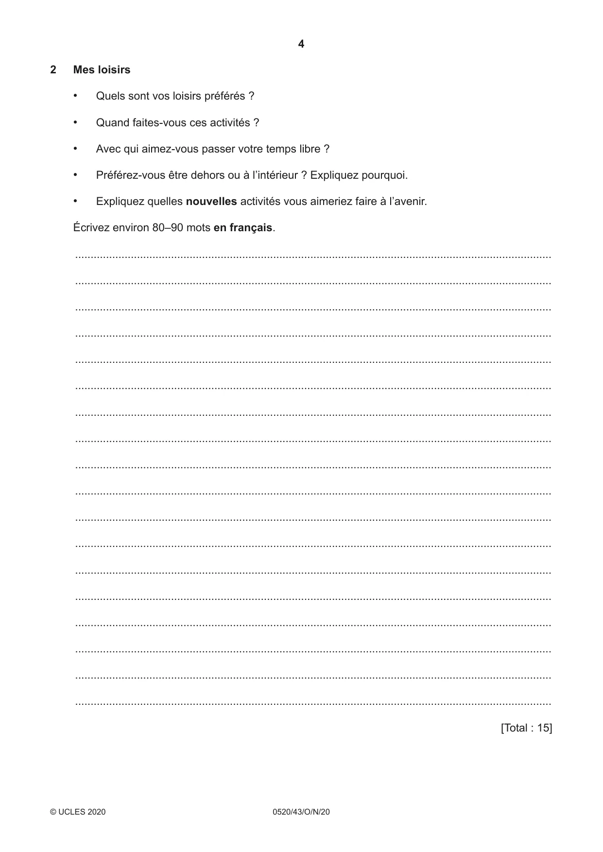 Cambridge IGCSE French - Foreign Language 0520 2020 Oct/Nov Paper 4 · Variant 3 question paper, page 4 of 8
