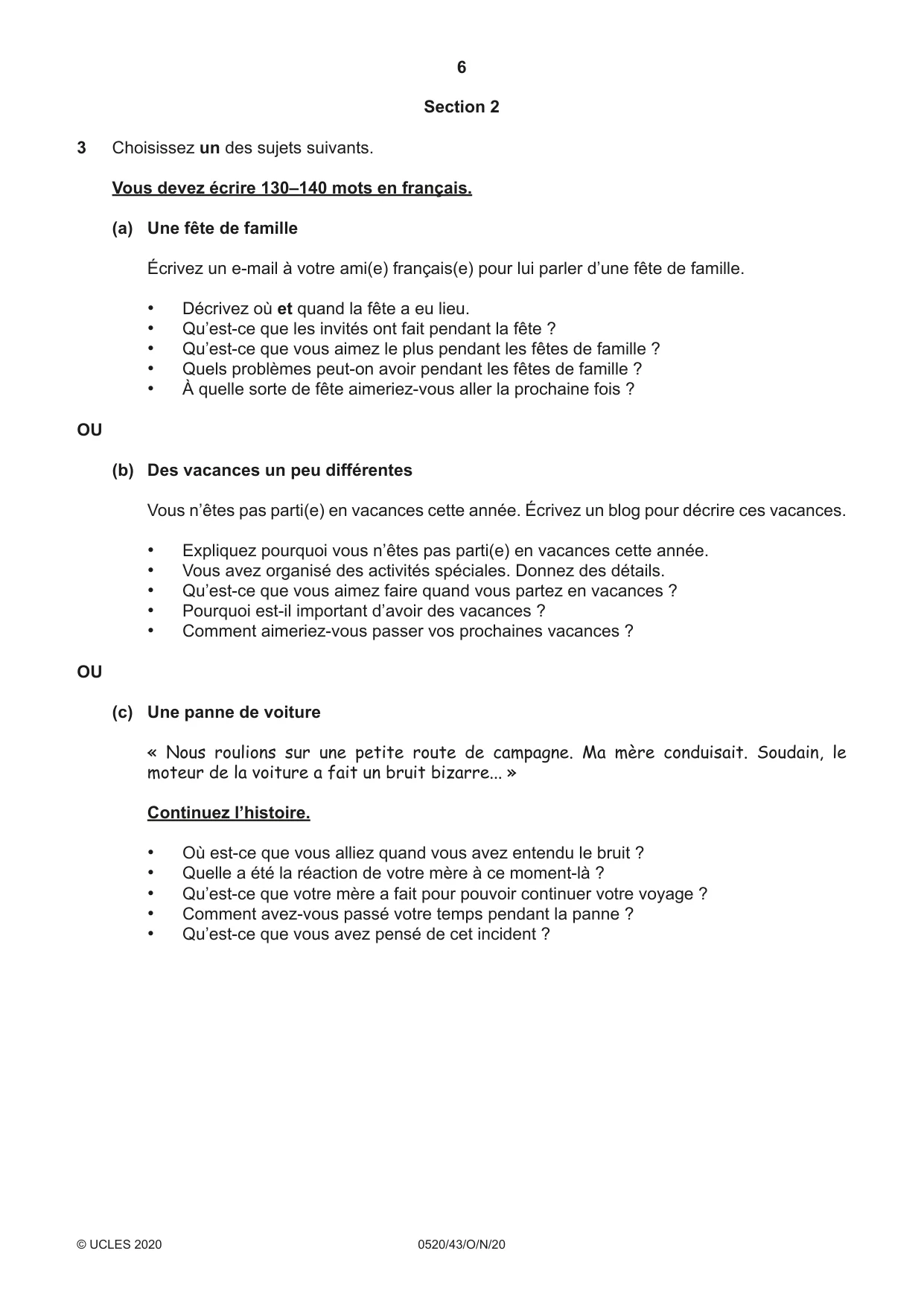Cambridge IGCSE French - Foreign Language 0520 2020 Oct/Nov Paper 4 · Variant 3 question paper, page 6 of 8