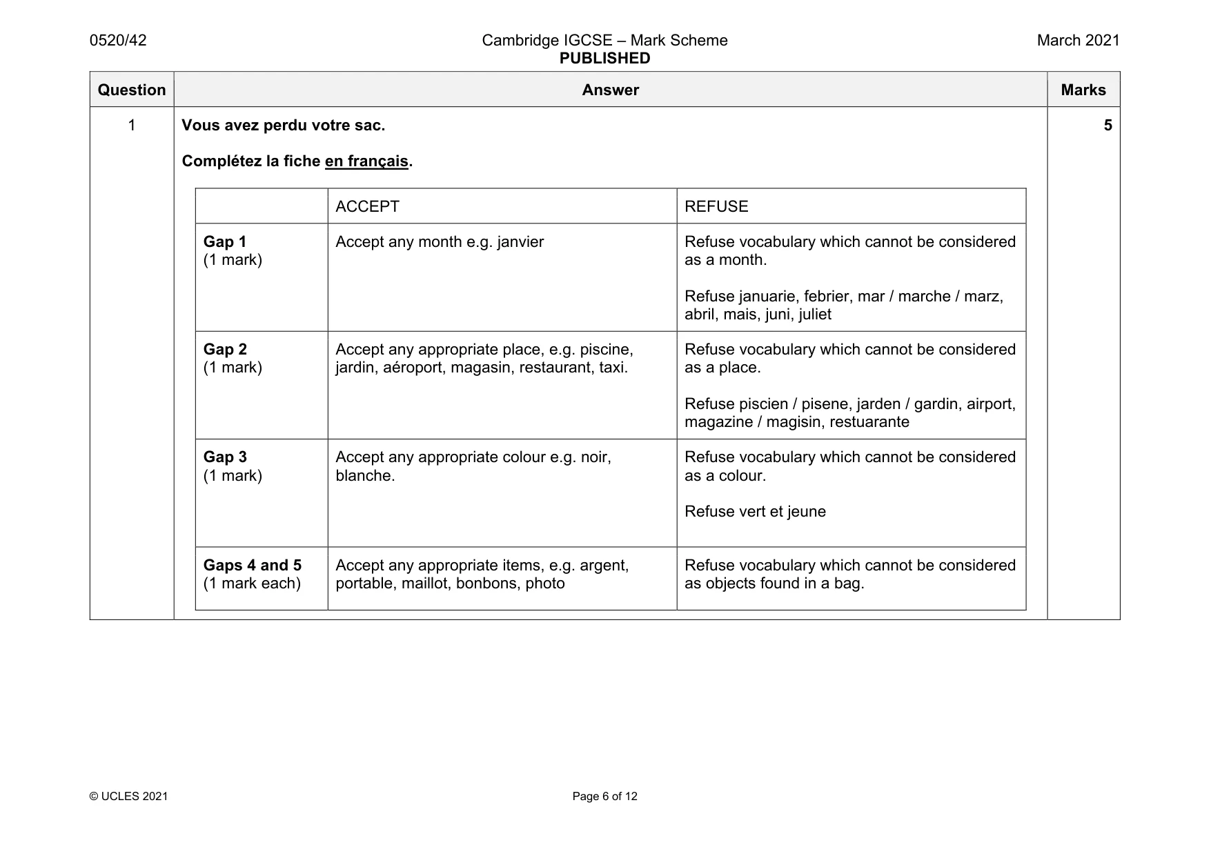 Mark scheme, page 6 of 12