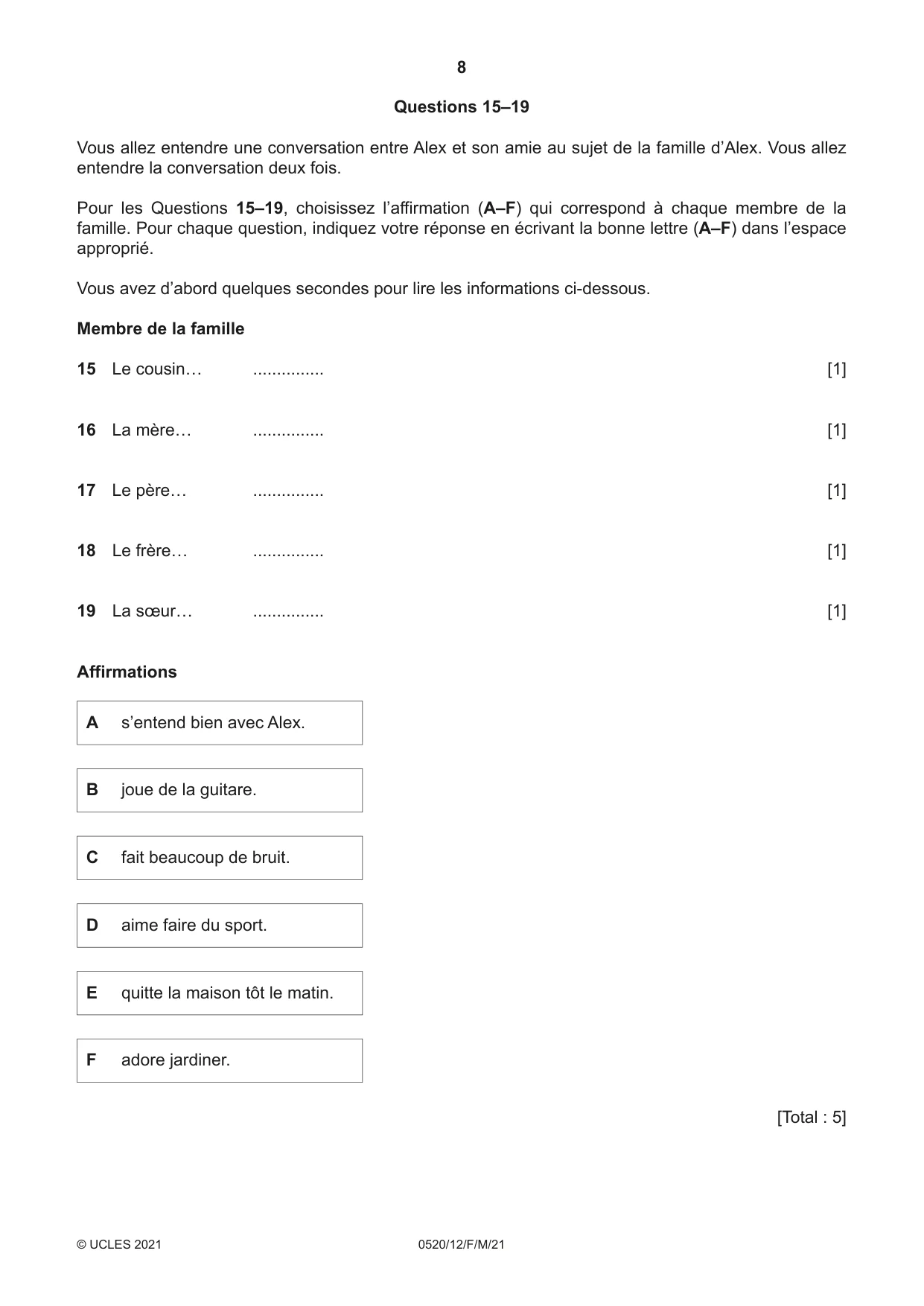 Cambridge IGCSE French - Foreign Language 0520 2021 Feb/March Paper 1 · Variant 2 question paper, page 8 of 16