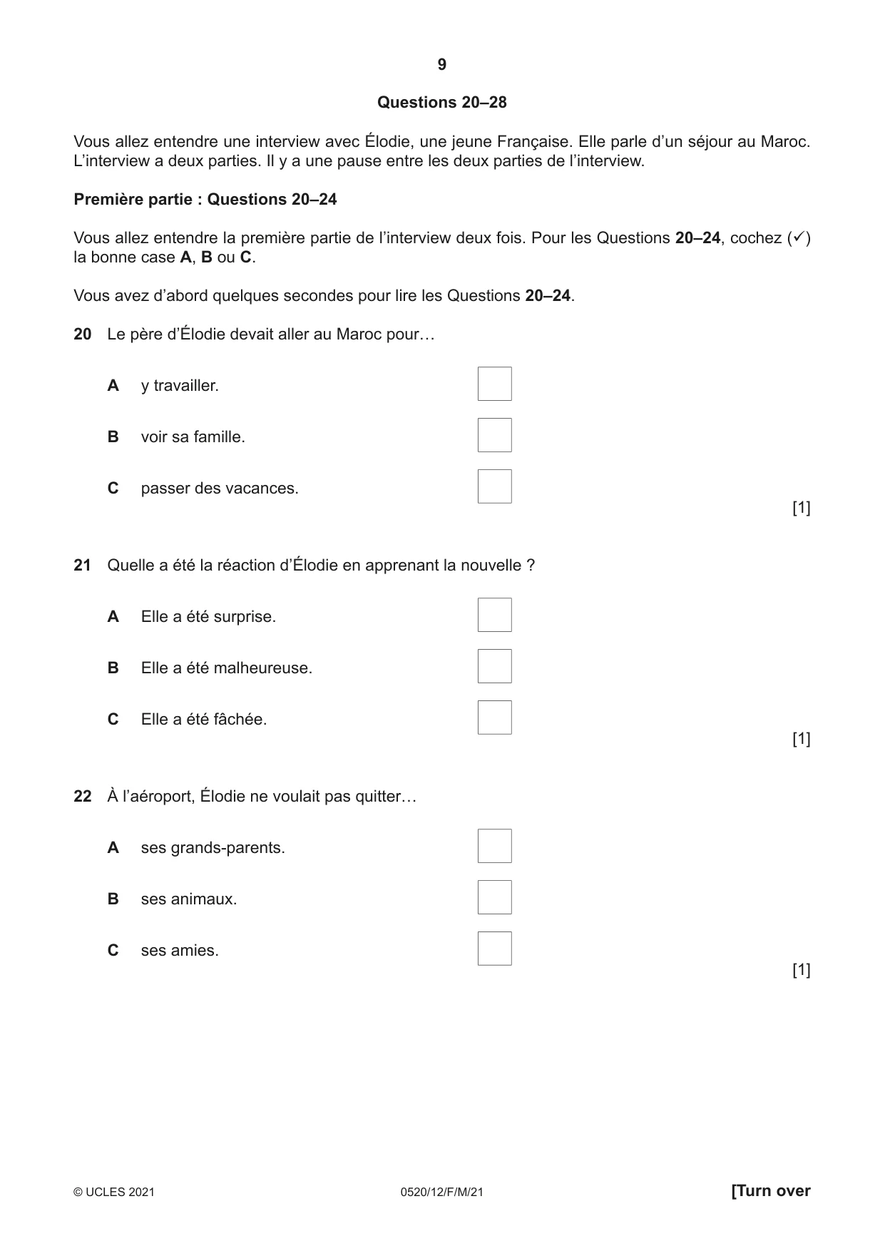 Cambridge IGCSE French - Foreign Language 0520 2021 Feb/March Paper 1 · Variant 2 question paper, page 9 of 16