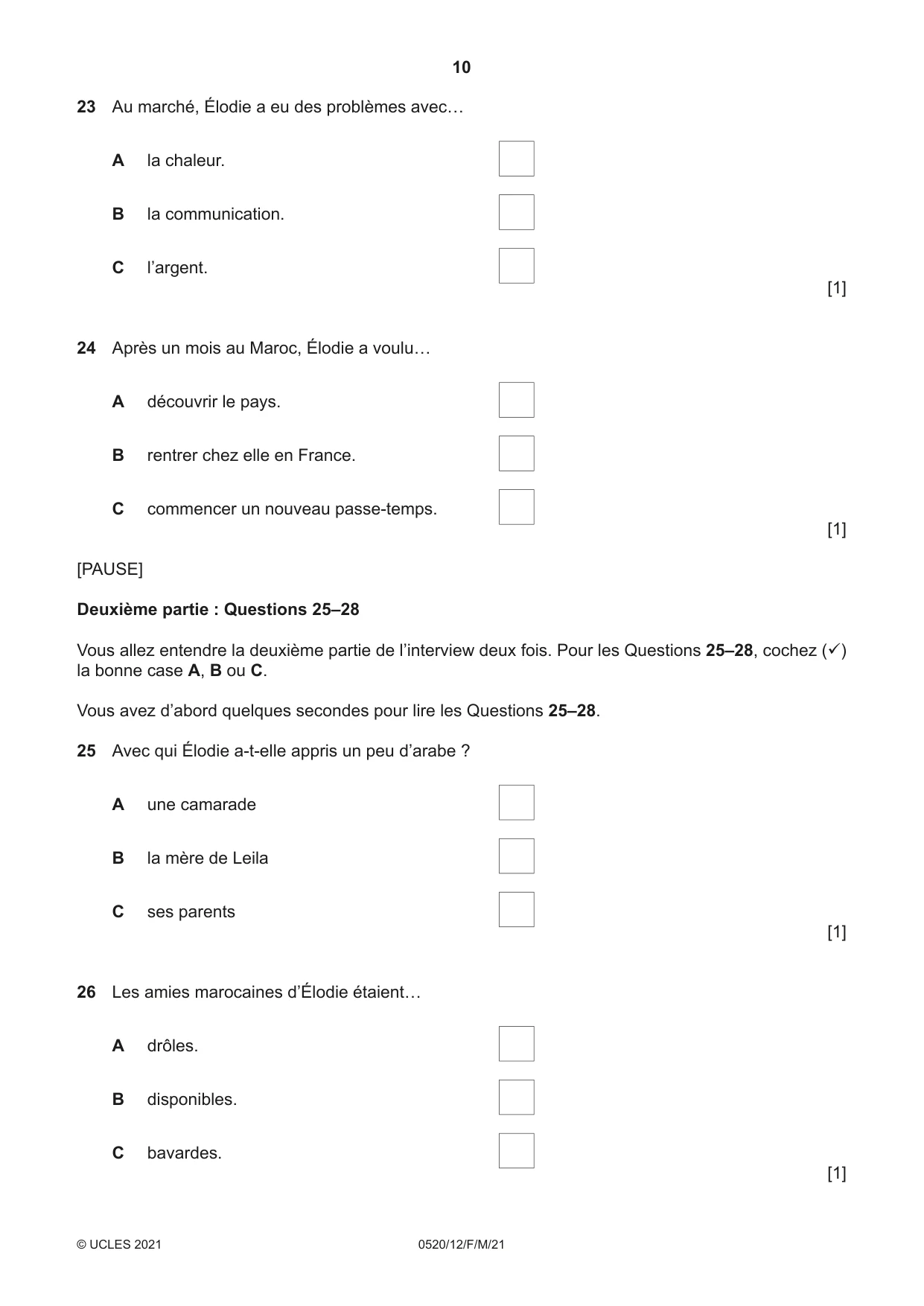 Cambridge IGCSE French - Foreign Language 0520 2021 Feb/March Paper 1 · Variant 2 question paper, page 10 of 16
