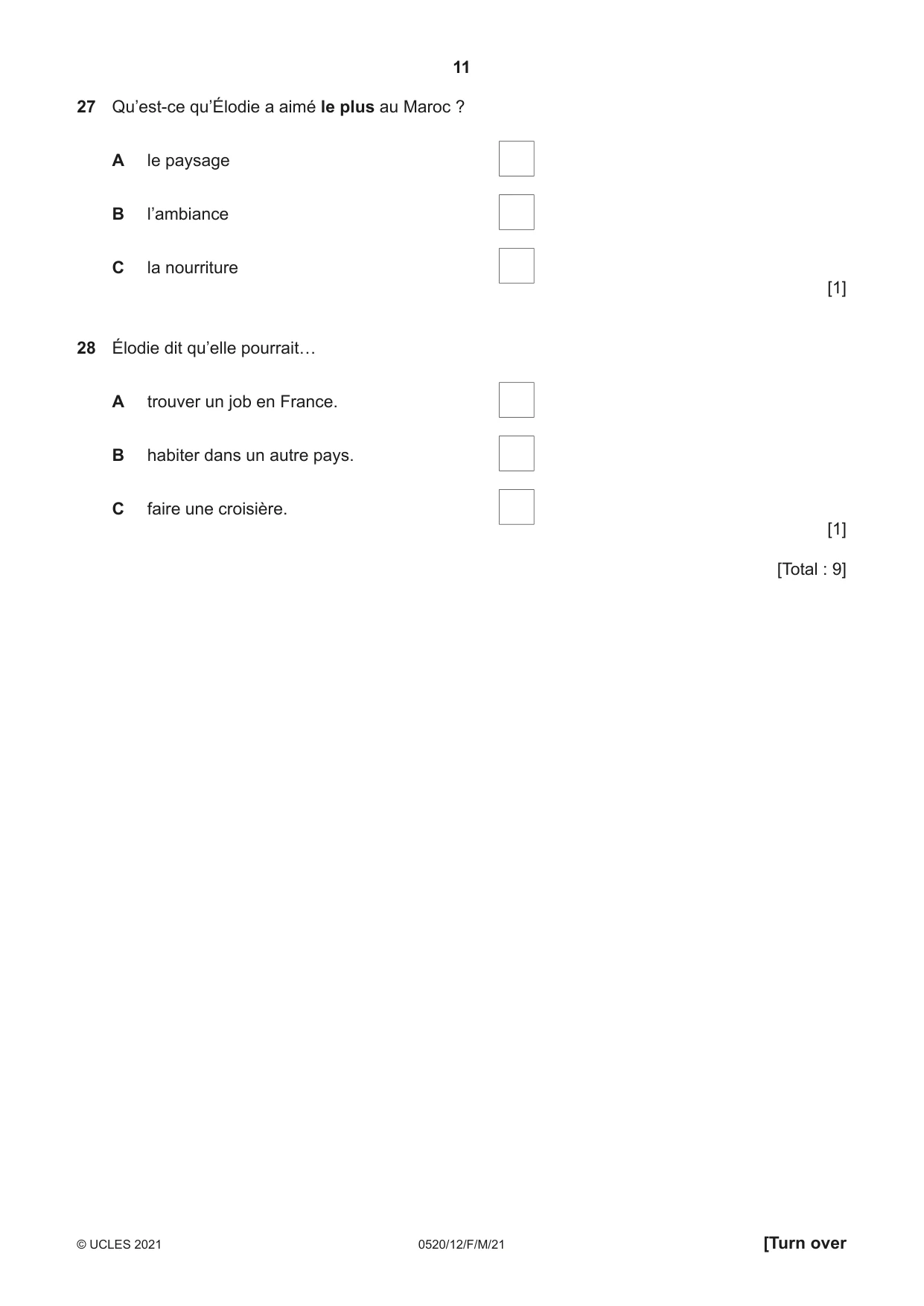 Cambridge IGCSE French - Foreign Language 0520 2021 Feb/March Paper 1 · Variant 2 question paper, page 11 of 16