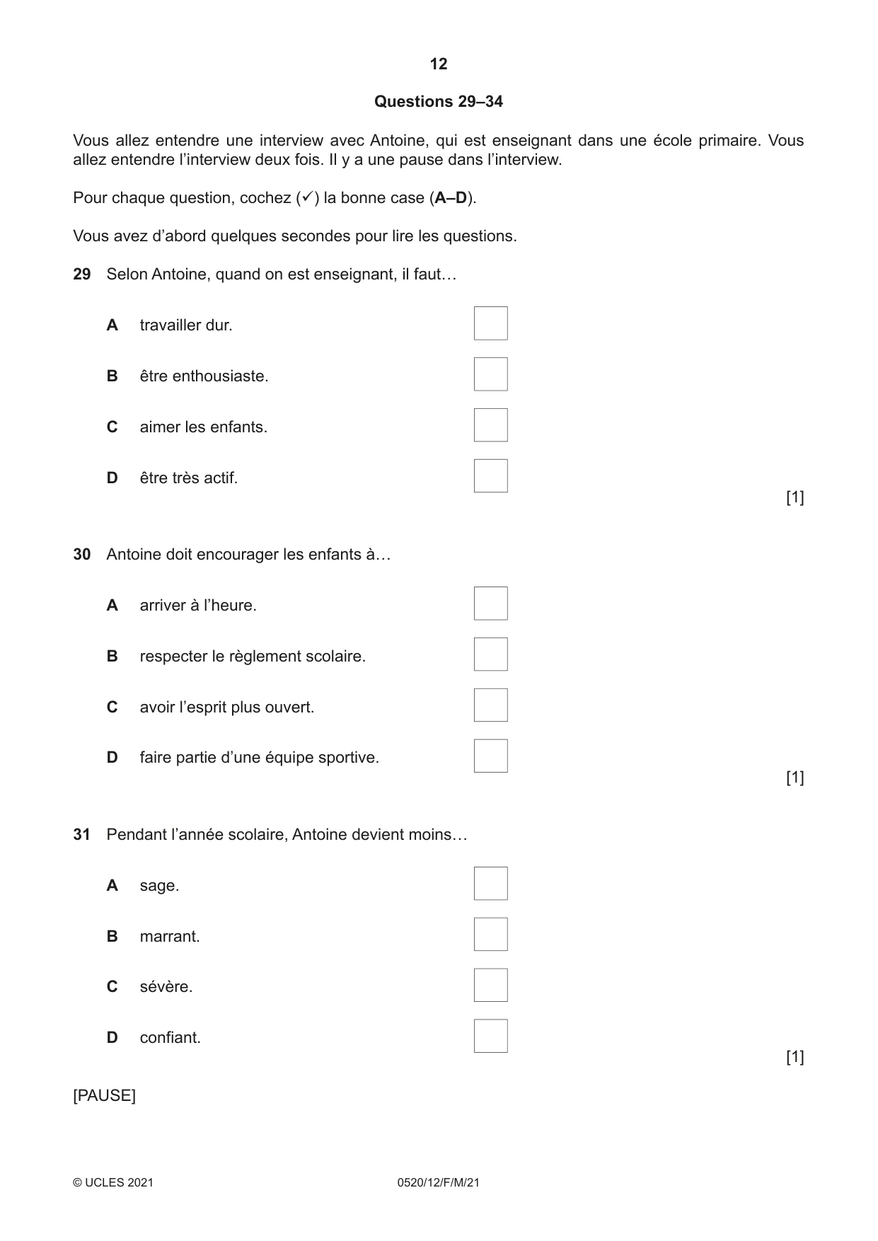Cambridge IGCSE French - Foreign Language 0520 2021 Feb/March Paper 1 · Variant 2 question paper, page 12 of 16