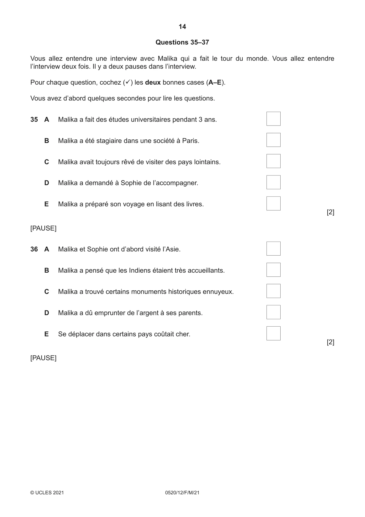 Cambridge IGCSE French - Foreign Language 0520 2021 Feb/March Paper 1 · Variant 2 question paper, page 14 of 16