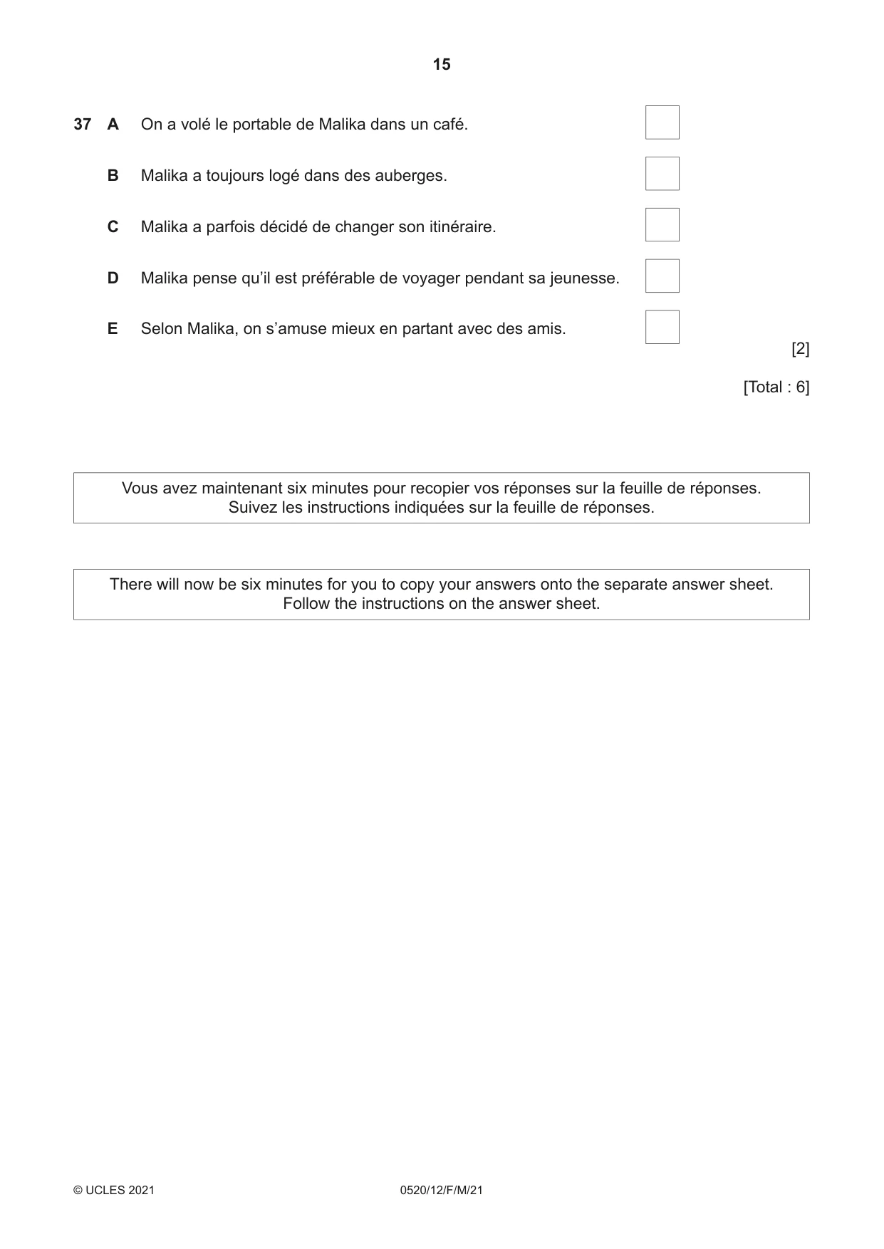 Cambridge IGCSE French - Foreign Language 0520 2021 Feb/March Paper 1 · Variant 2 question paper, page 15 of 16