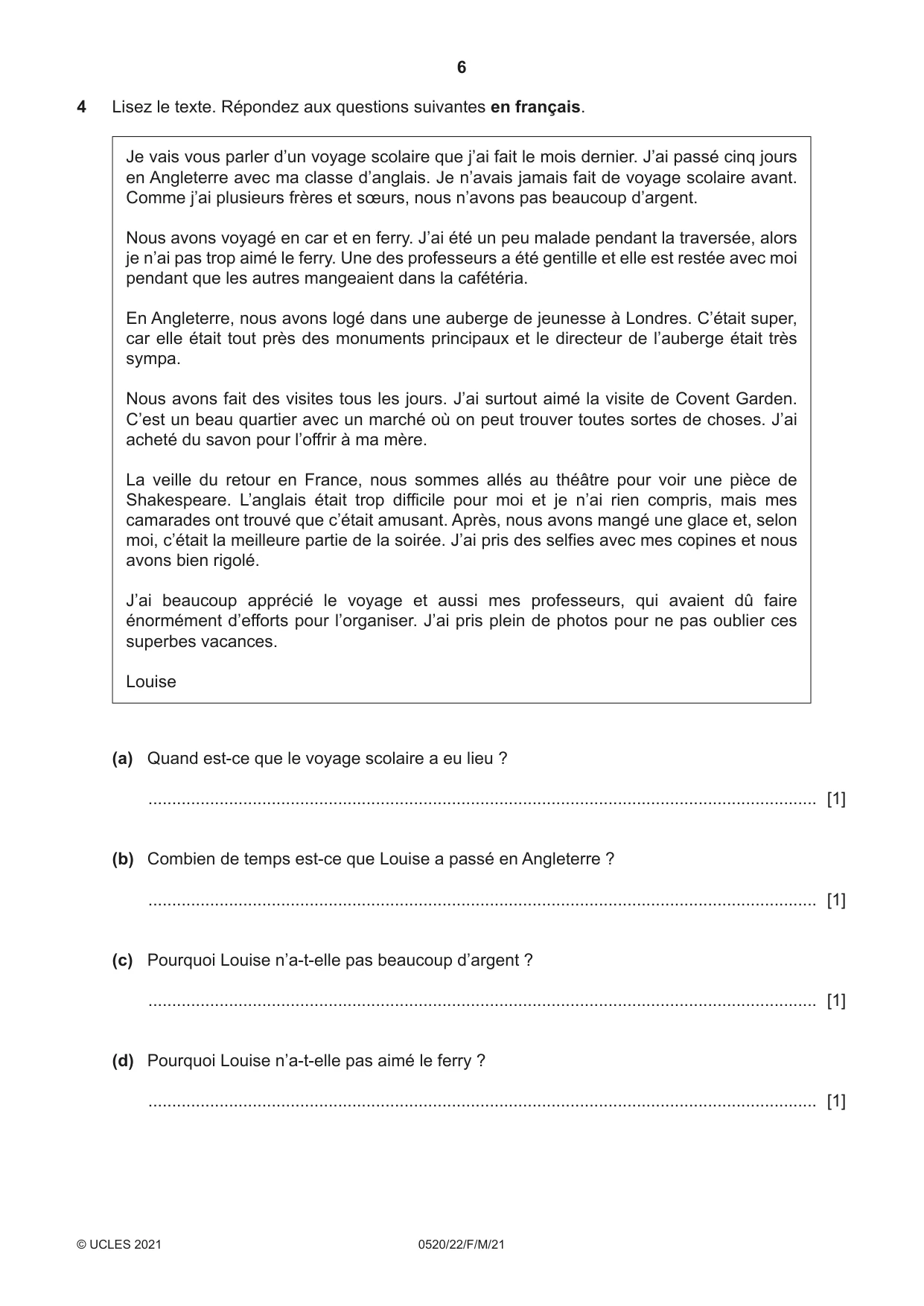 Cambridge IGCSE French - Foreign Language 0520 2021 Feb/March Paper 2 · Variant 2 question paper, page 6 of 12