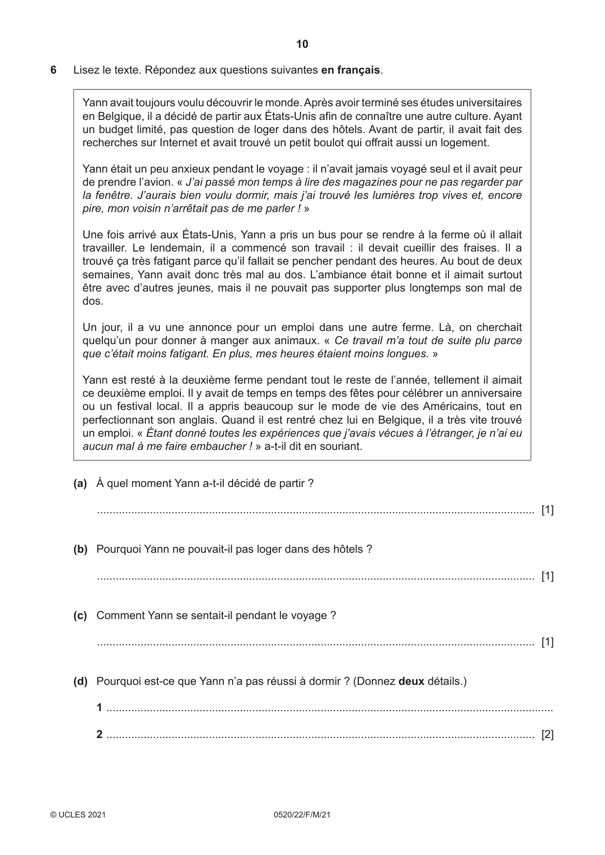 Cambridge IGCSE French - Foreign Language 0520 2021 Feb/March Paper 2 · Variant 2 question paper, page 10 of 12