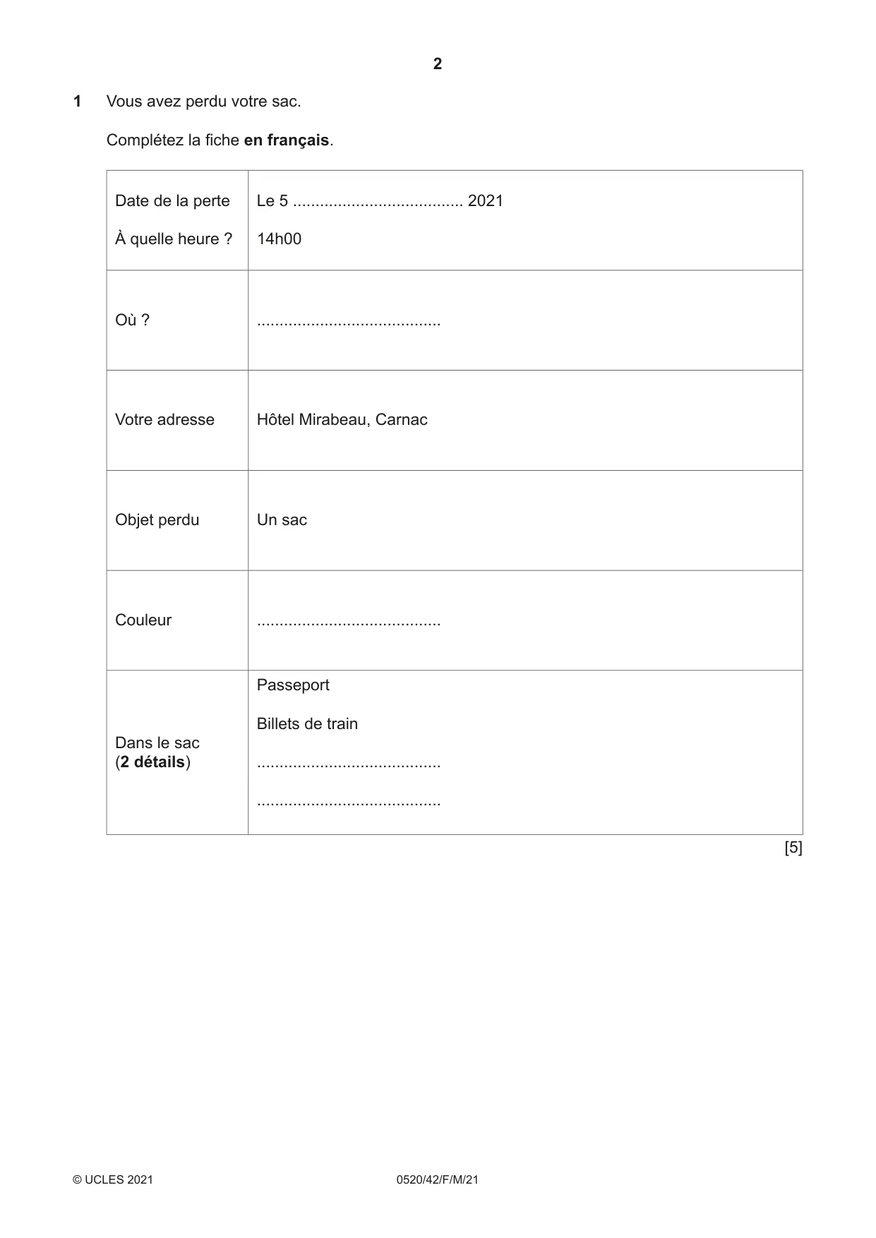 Cambridge IGCSE French - Foreign Language 0520 2021 Feb/March Paper 4 · Variant 2 question paper, page 2 of 8