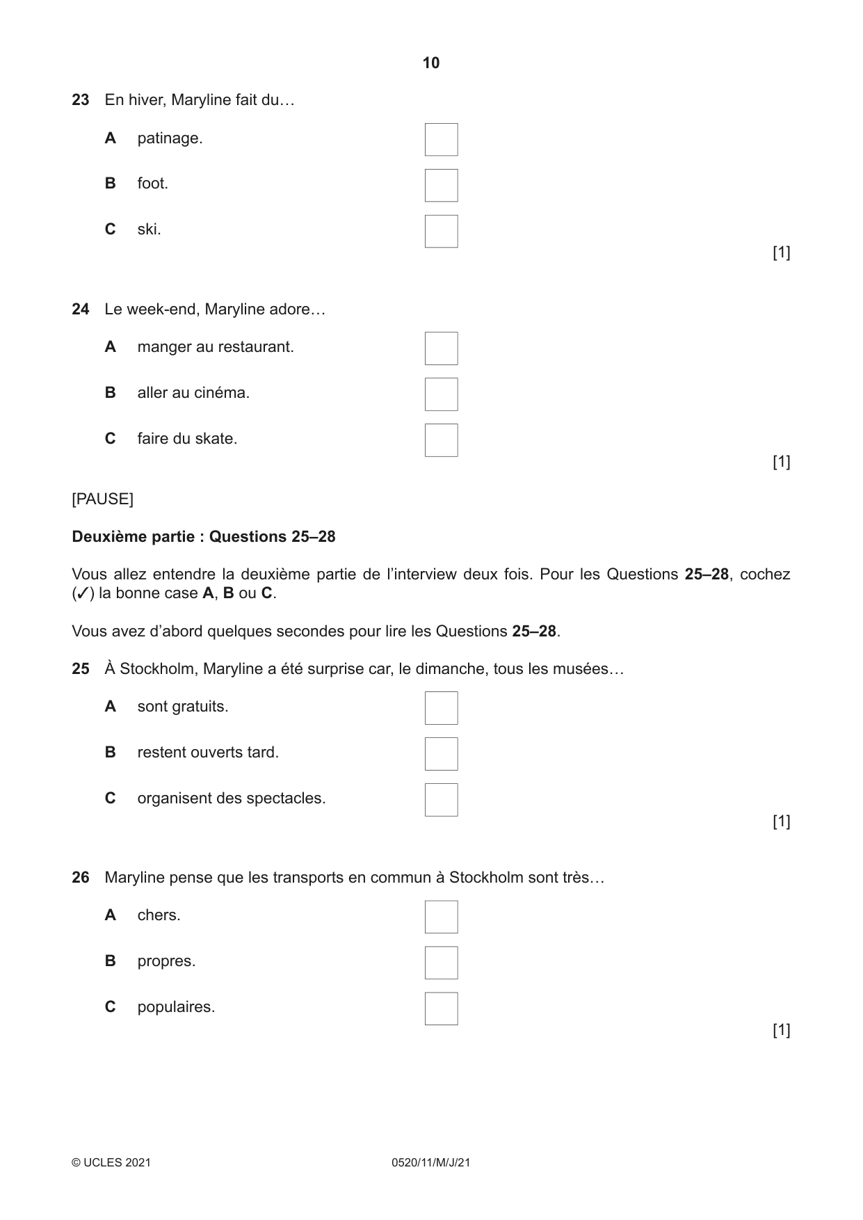 Cambridge IGCSE French - Foreign Language 0520 2021 May/June Paper 1 · Variant 1 question paper, page 10 of 16