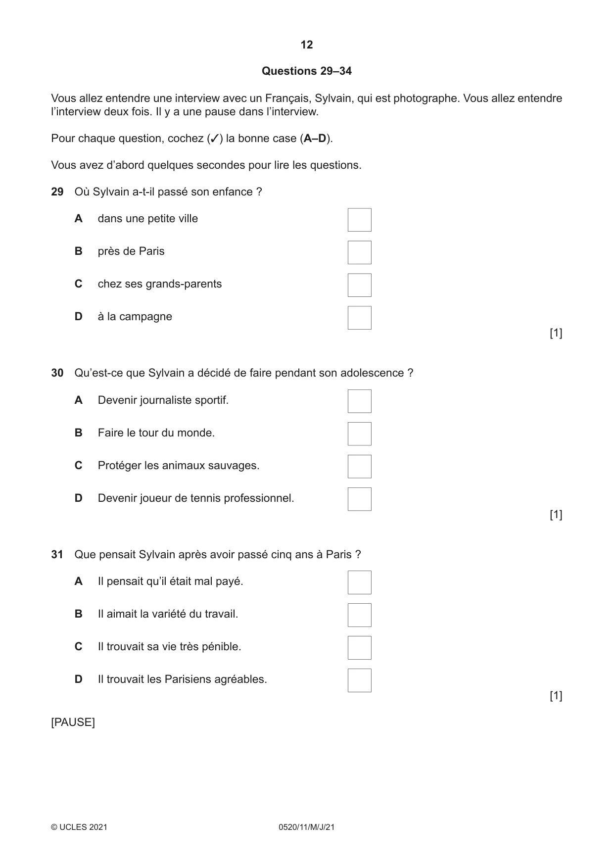 Cambridge IGCSE French - Foreign Language 0520 2021 May/June Paper 1 · Variant 1 question paper, page 12 of 16