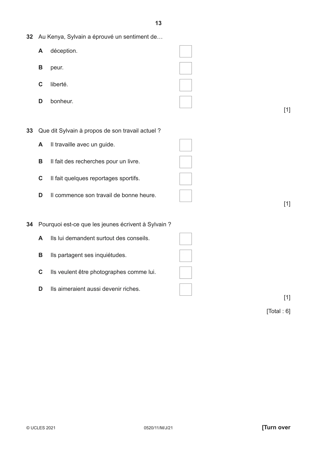 Cambridge IGCSE French - Foreign Language 0520 2021 May/June Paper 1 · Variant 1 question paper, page 13 of 16